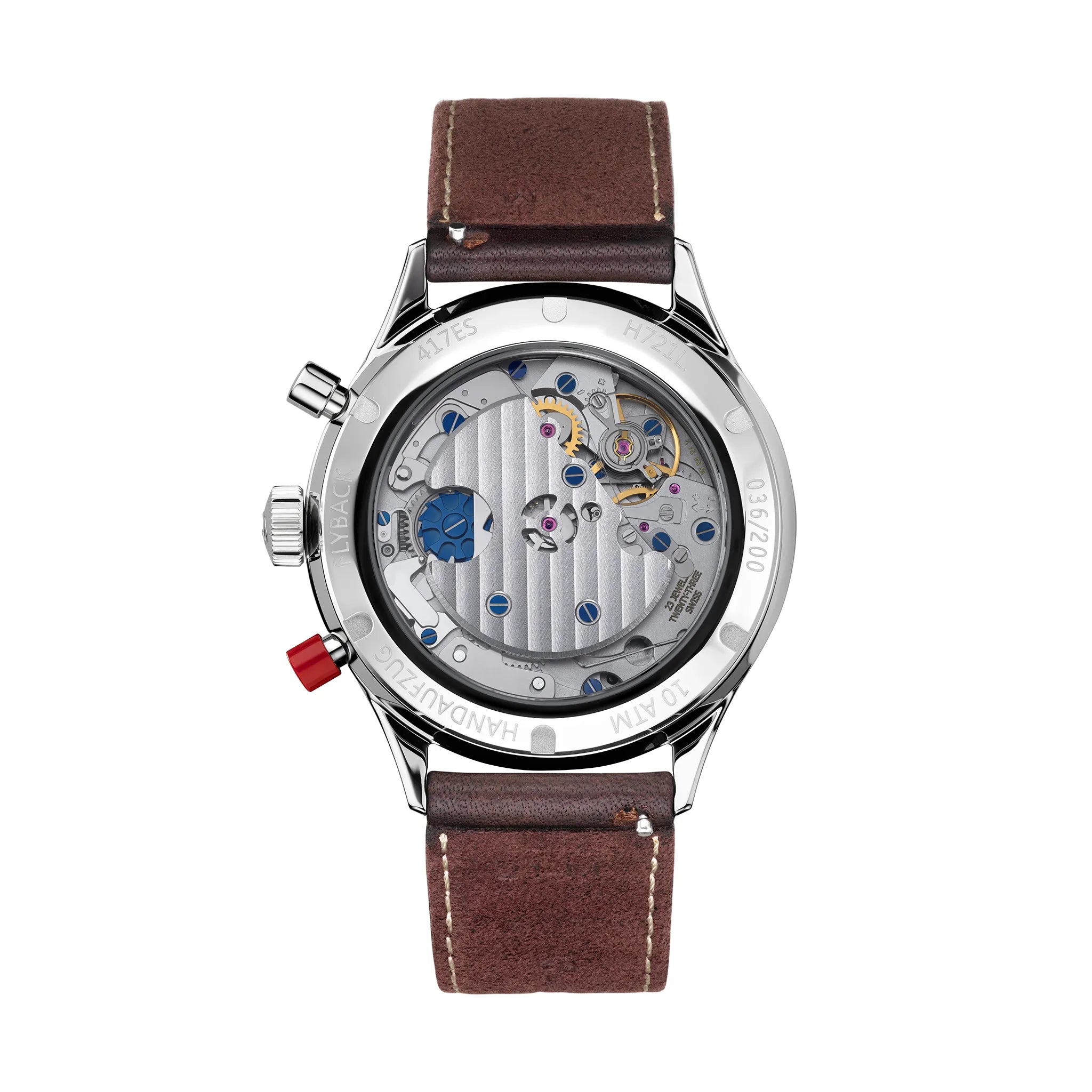 Gehäuseboden mit Sichtglas von der Hanhart 417 ES Mokka Limited Edition mit einem braunem Zifferblatt an einem passenden braunem Lederband mit Unterlage