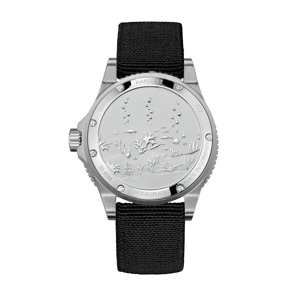 Gehäuseboden mit Meeresleben-Artwork der Hanhart Aquasphere Matte Black im 42mm-Edelstahl-Gehäuse 