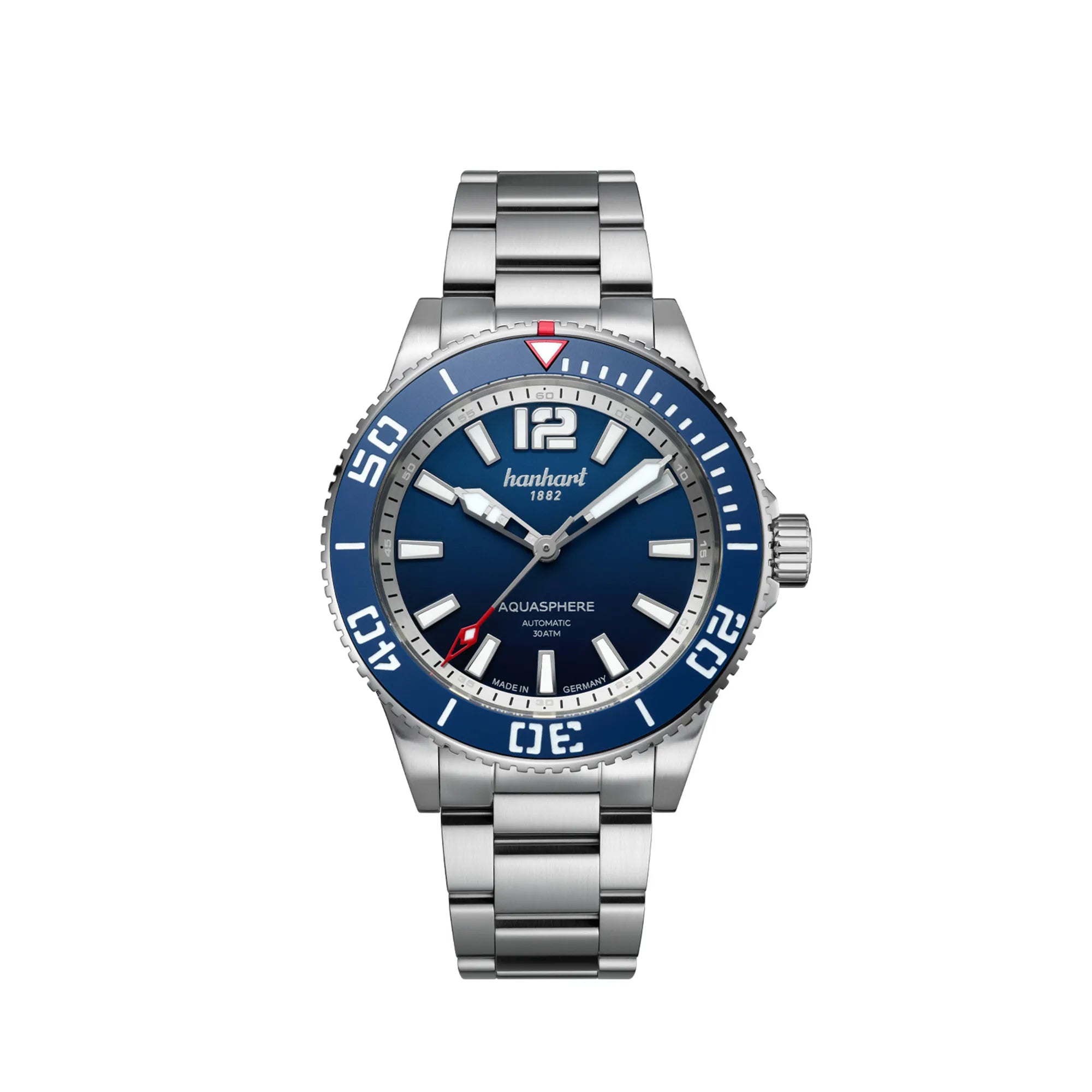 Frontale Ansicht der Hanhart Aquasphere mit dem blau-schwarz verlaufenden "Ocean Fade"-Zifferblatt und blauem  Keramik-Inlay auf der Lünette am Edelstahlarmband