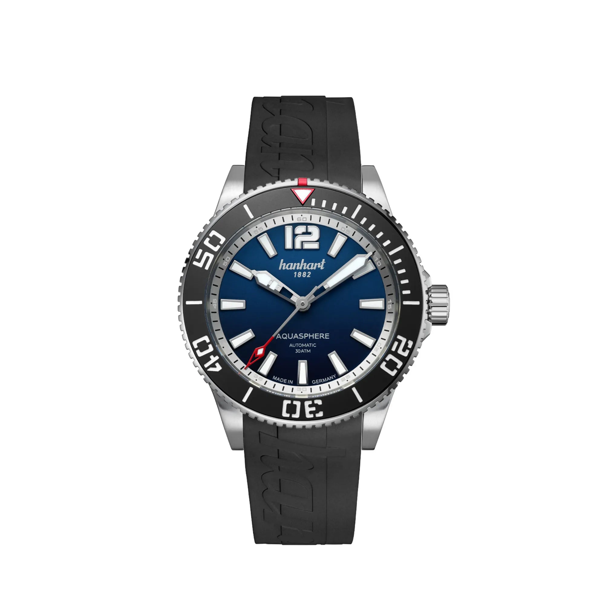 Frontale Ansicht der Hanhart Aquasphere mit dem blau-schwarz verlaufenden "Ocean Fade"-Zifferblatt und schwarzem  Keramik-Inlay auf der Lünette am schwarzen Kautschuk-Armband