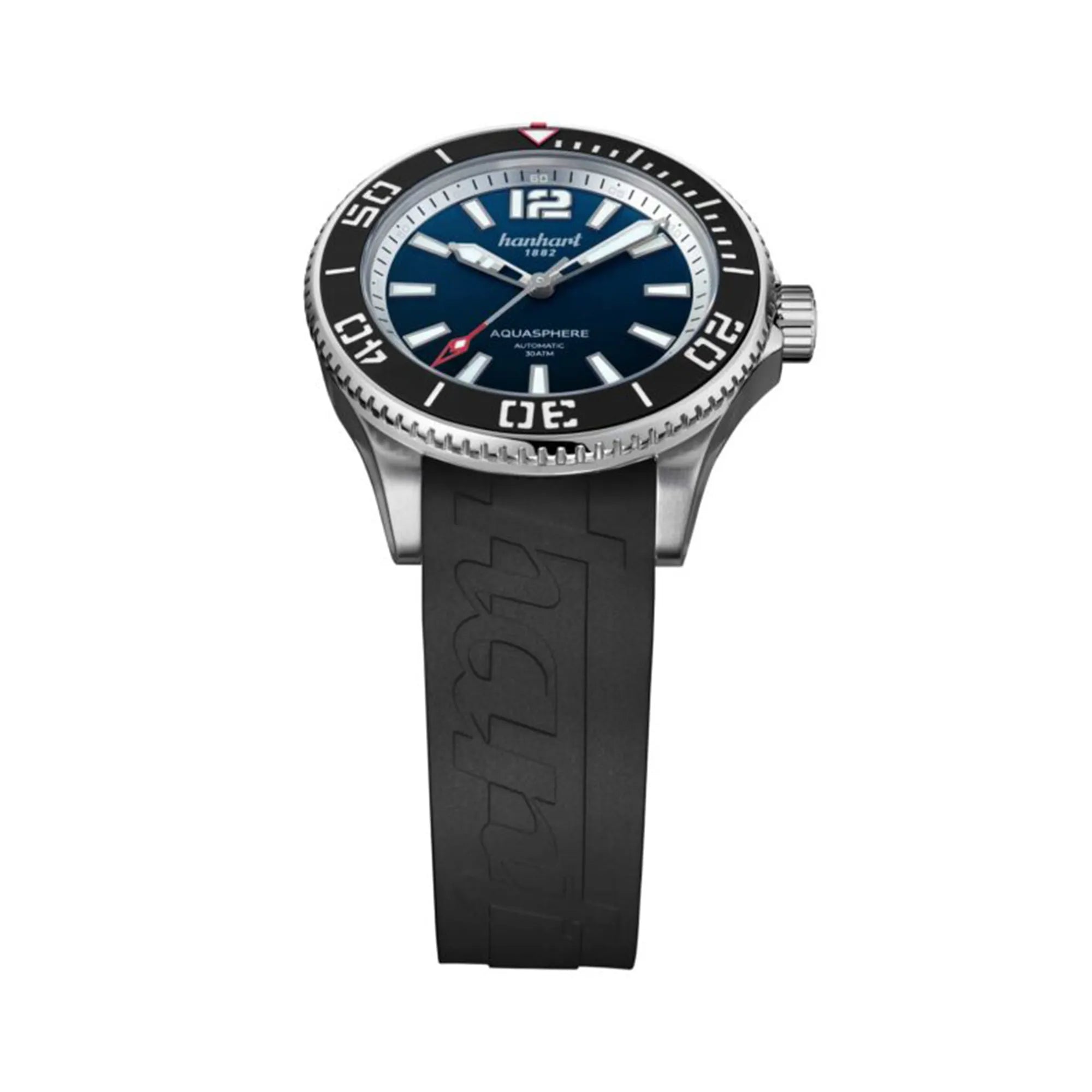 Blick auf das schwarze Kautschuk-Armband und den Uhrenkopf der Hanhart Aquasphere mit dem blau-schwarz verlaufenden "Ocean Fade"-Zifferblatt und schwarzem Keramik-Inlay auf der Lünette