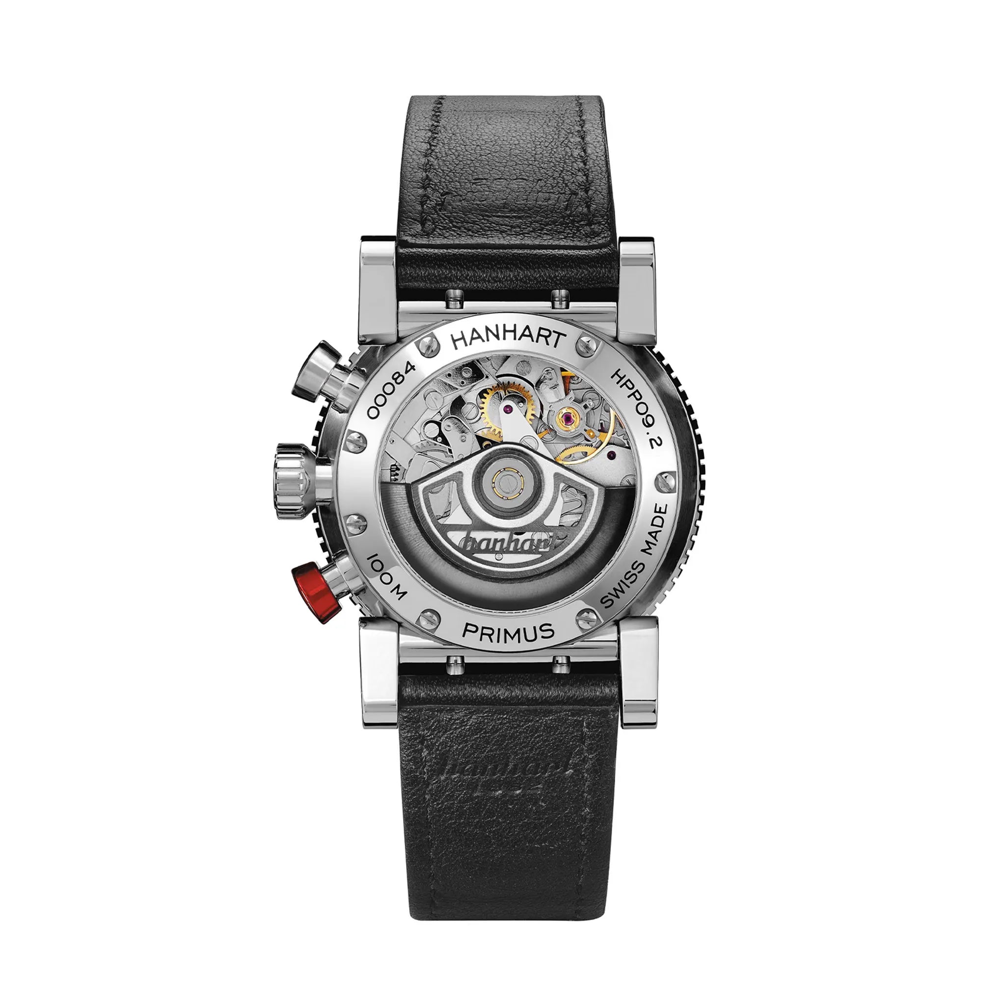 Rückseite des Hanhart Primus Racer  Chronographs mit schwarzem Zifferblatt am schwarzen Lederband zeigt den Gehäuseboden mit Sichtglas