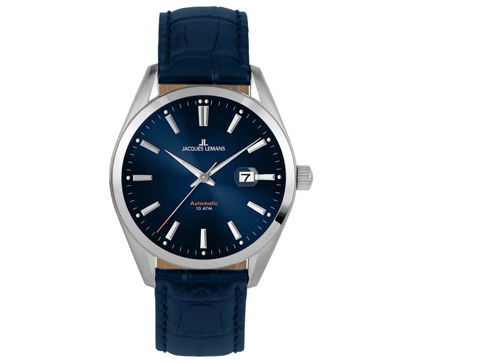 Frontale Ansicht der Jacques Lemans Uhr "Derby Automatic" mit blauem Zifferblatt und blauem Lederband