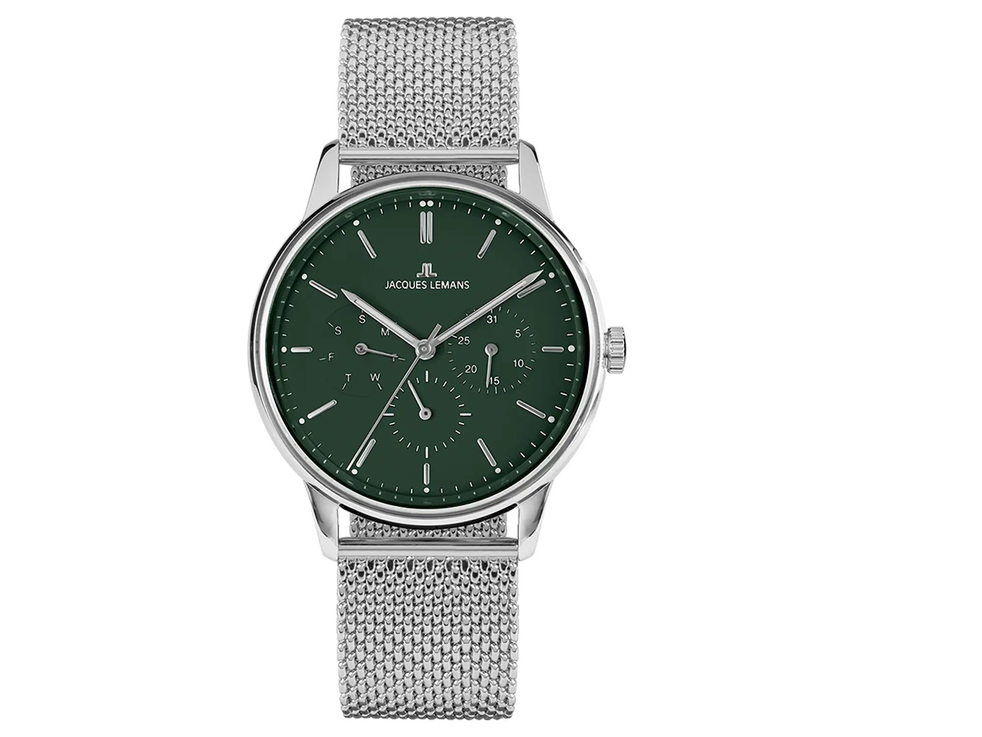 Frontale Ansicht der Jacques Lemans Uhr "Manchester" mit einem dunkelgrünen Zifferblatt mit Kalenderanzeigen an einem Edelstahl-Mesh-Armband