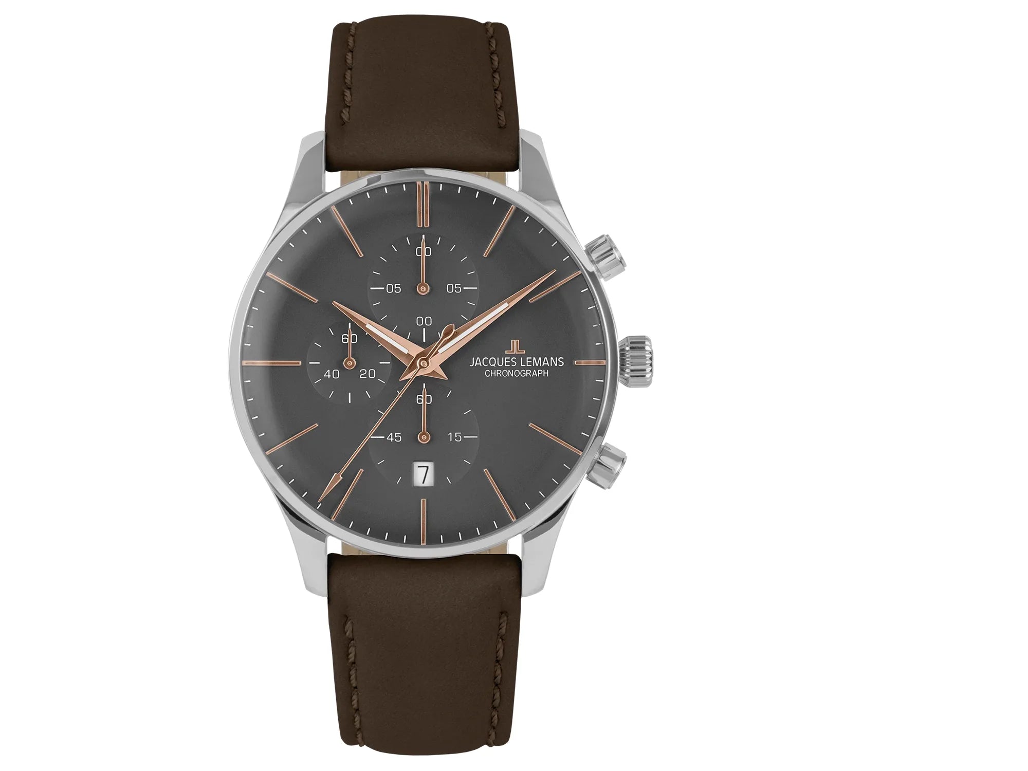 Frontale Ansicht der Jacques Lemans 2-2163E Chronograph-Herrenuhr aus der London-Kollektion mit grauem Zifferblatt, rosegold-farbenen Indizes & Zeiger am braunem Lederband