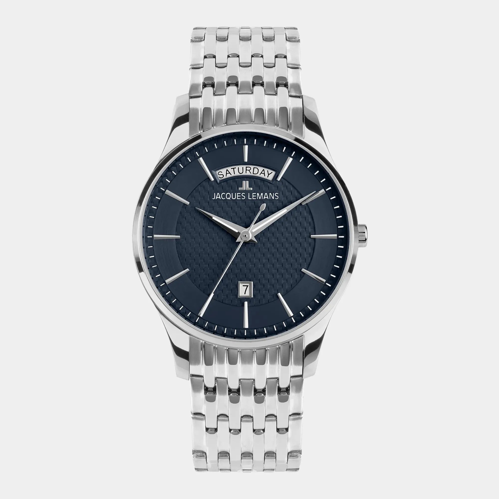 Frontale Ansicht der Jacques Lemans 1-2193H Herrenuhr aus der London-Kollektion mit blauem Zifferblatt am feingliedrigen Edelstahl-Armband