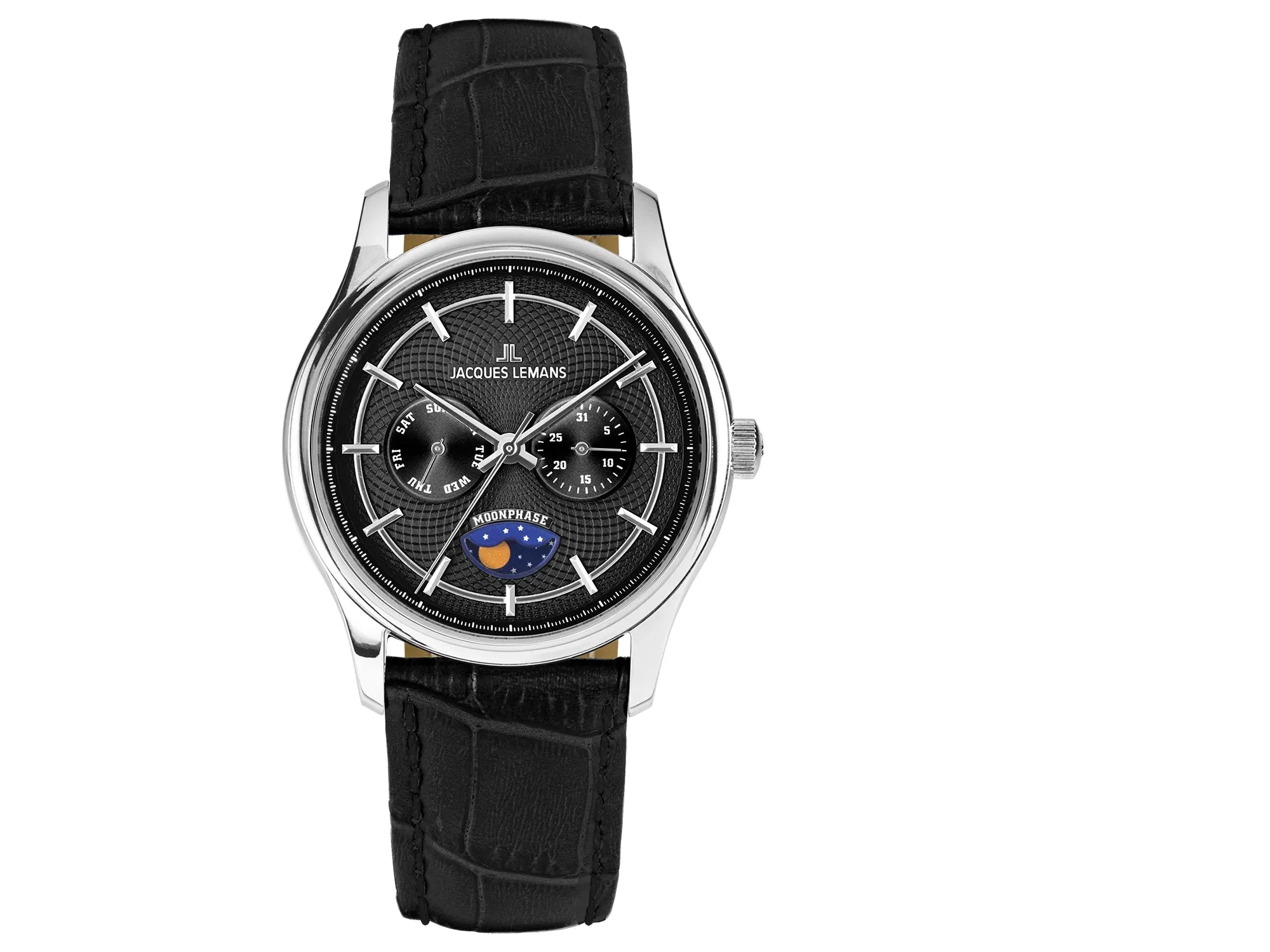 Frontale Ansicht der Jacques Lemans 2213-A Herrenuhr aus der Derby-Kollektion mit schwarzem Zifferblatt am schwarzen Lederband
