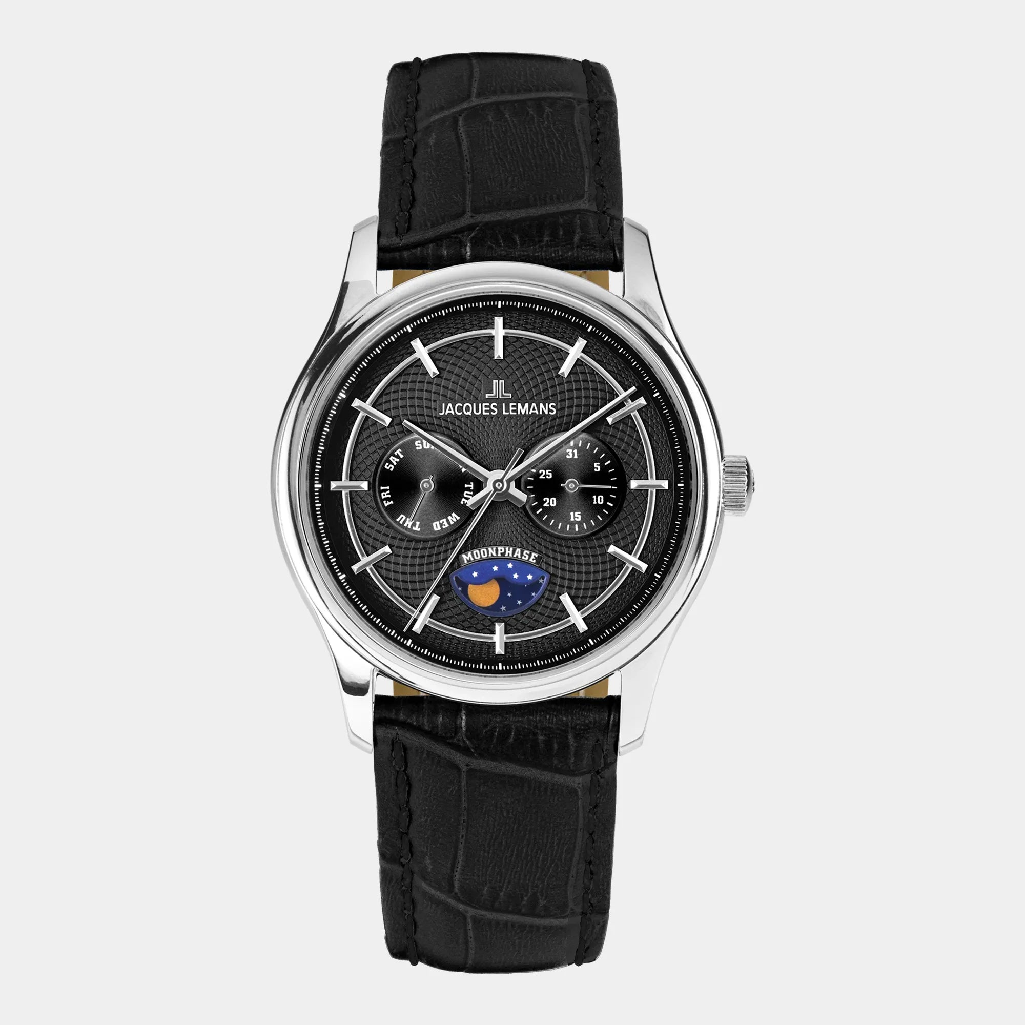 Frontale Ansicht der Jacques Lemans 2213-A Herrenuhr aus der Derby-Kollektion mit schwarzem Zifferblatt am schwarzen Lederband