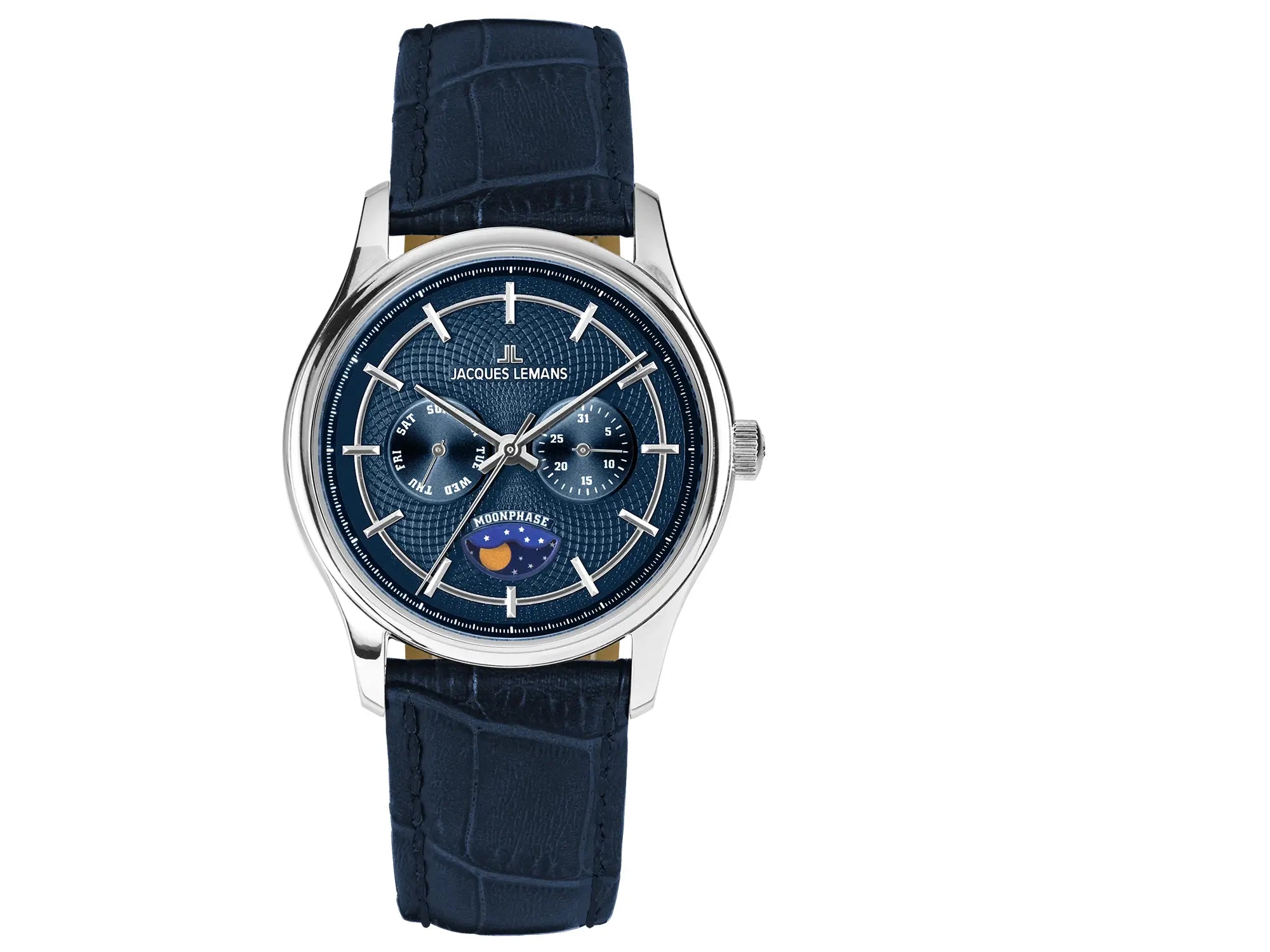 Frontale Ansicht der Jacques Lemans 1-2213C Herrenuhr aus der Derby-Kollektion mit blauem Zifferblatt am blauen Lederband