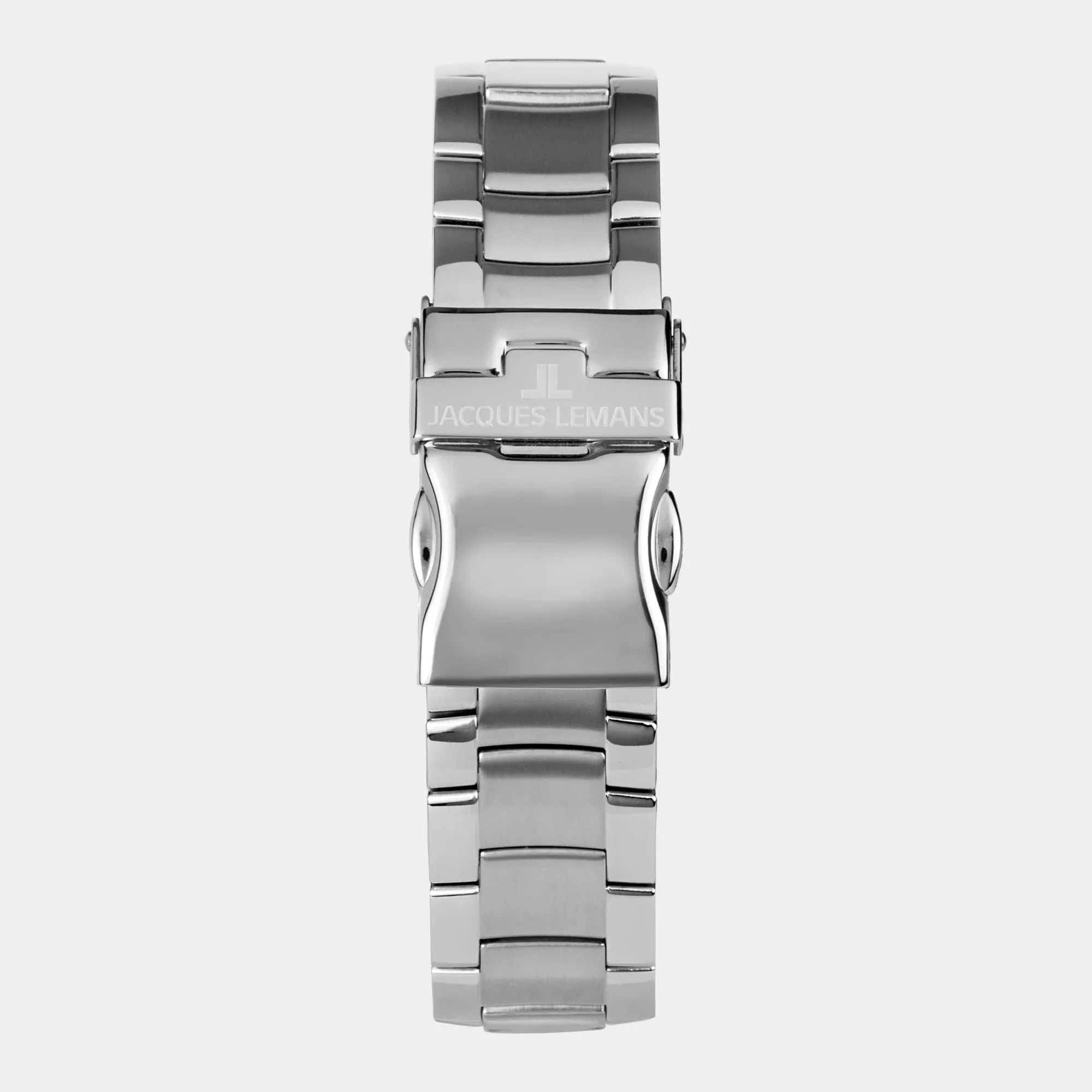Blick auf das Armband der Jacques Lemans 1-2213I Herrenuhr aus der Derby-Kollektion mit schwarzem Zifferblatt am Edelstahl-Armband