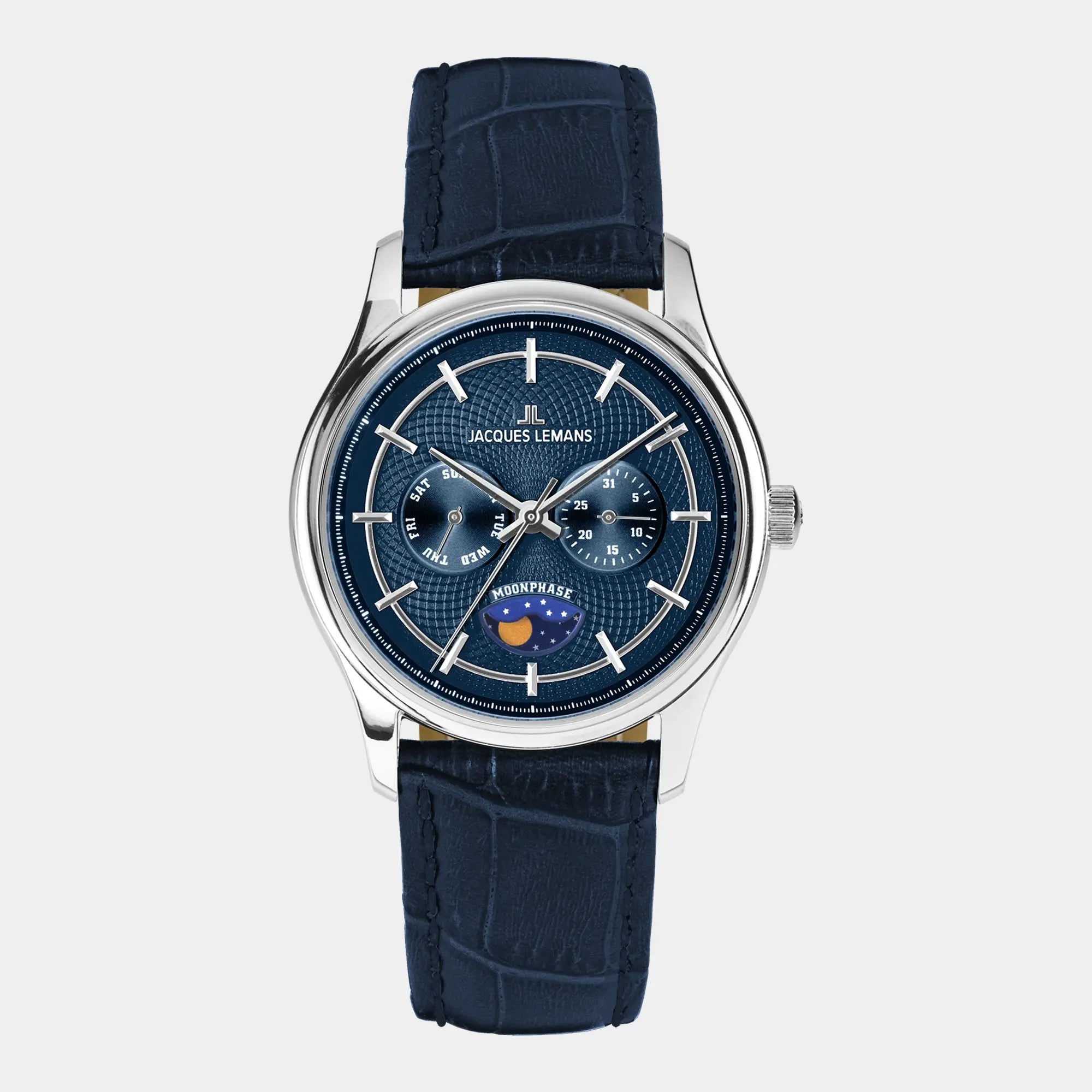 Frontale Ansicht der Jacques Lemans 1-2213C Herrenuhr aus der Derby-Kollektion mit blauem Zifferblatt am blauen Lederband