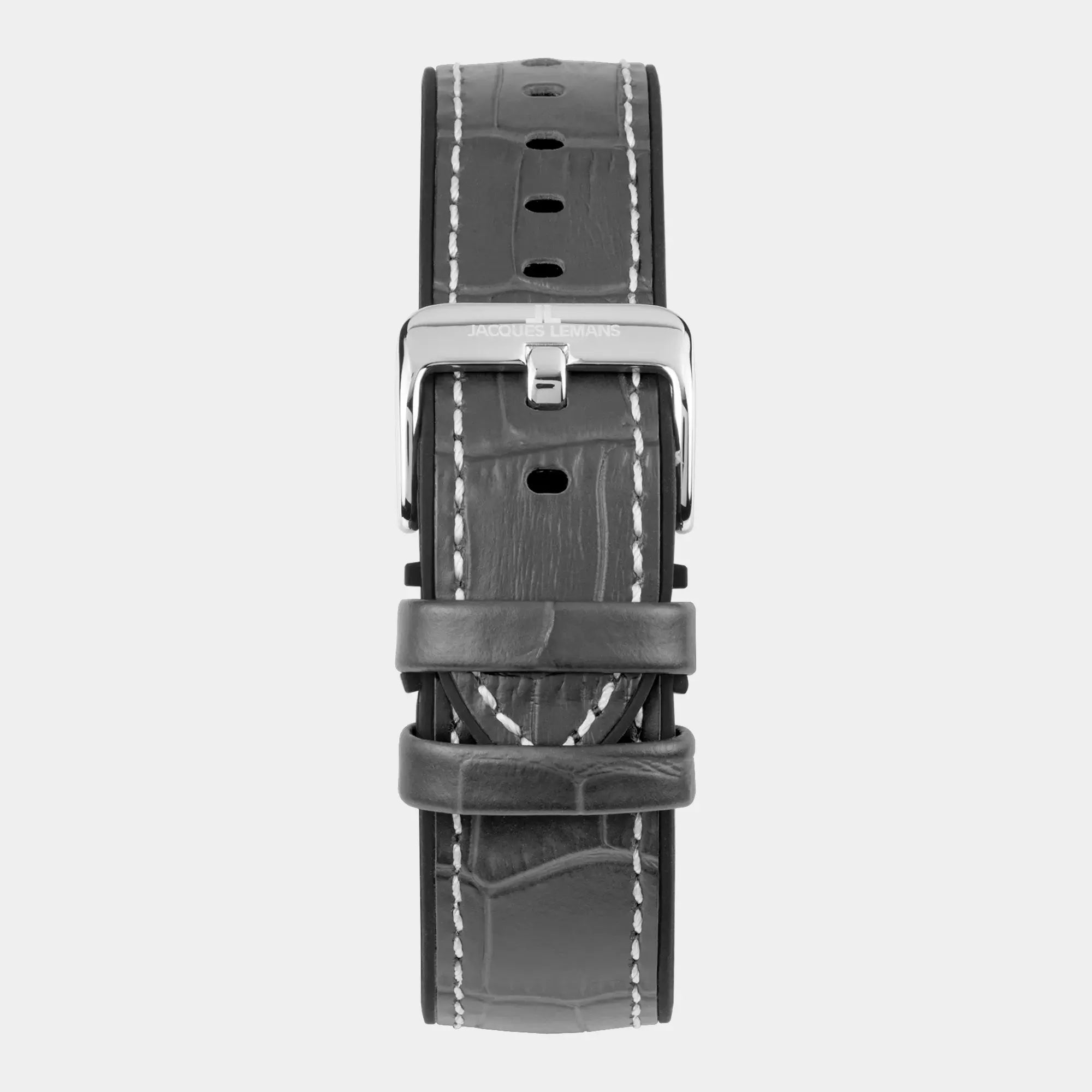 Blick auf das Leder-Silikon-Band und die zugehörige Dornschließe der Jacques Lemans Liverpool 1-2205E Taucher-Armbanduhr am schwarzen Lederband mit schwarz-grauer Lünette und einem Zifferblatt im Meteorit-Look