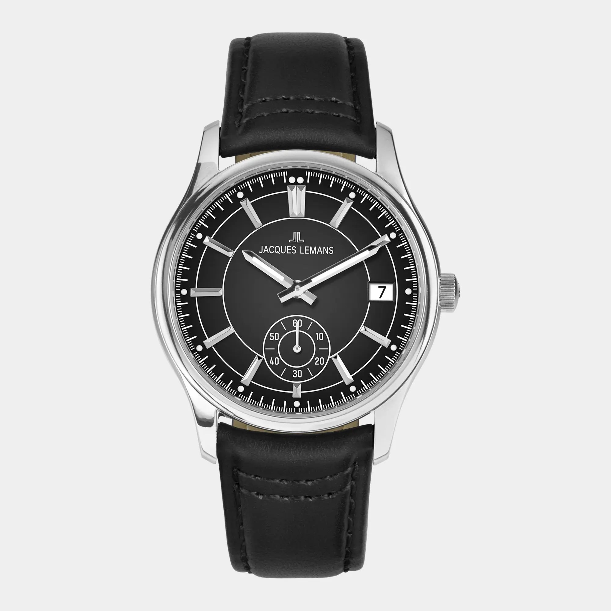 Frontale Ansicht der Jacques Lemans 1-2197A Derby Armbanduhr mit schwarzem Zifferblatt und schwarzem Leder