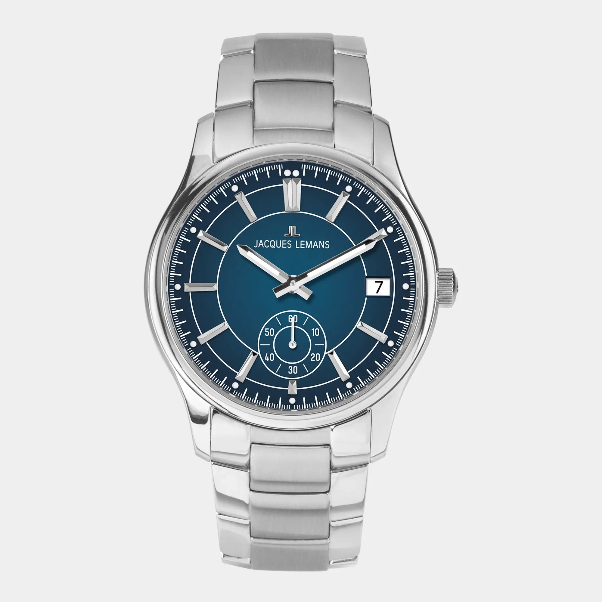 Frontale Ansicht der Jacques Lemans Derby 1-2197G Armbanduhr in Edelstahl mit blauem Zifferblatt