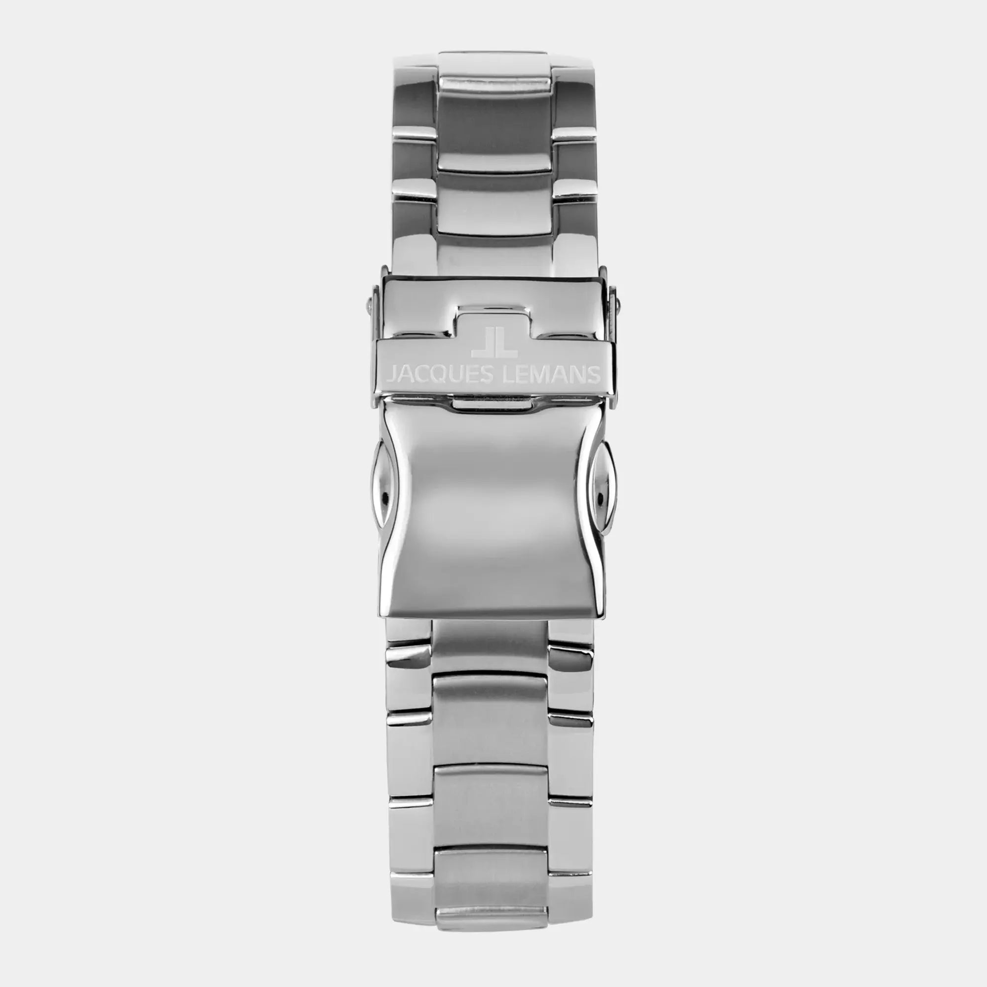 Blick auf das Armband aus Edelstahl von der Jacques Lemans Derby 1-2197H Armbanduhr in Edelstahl mit grünem Zifferblatt