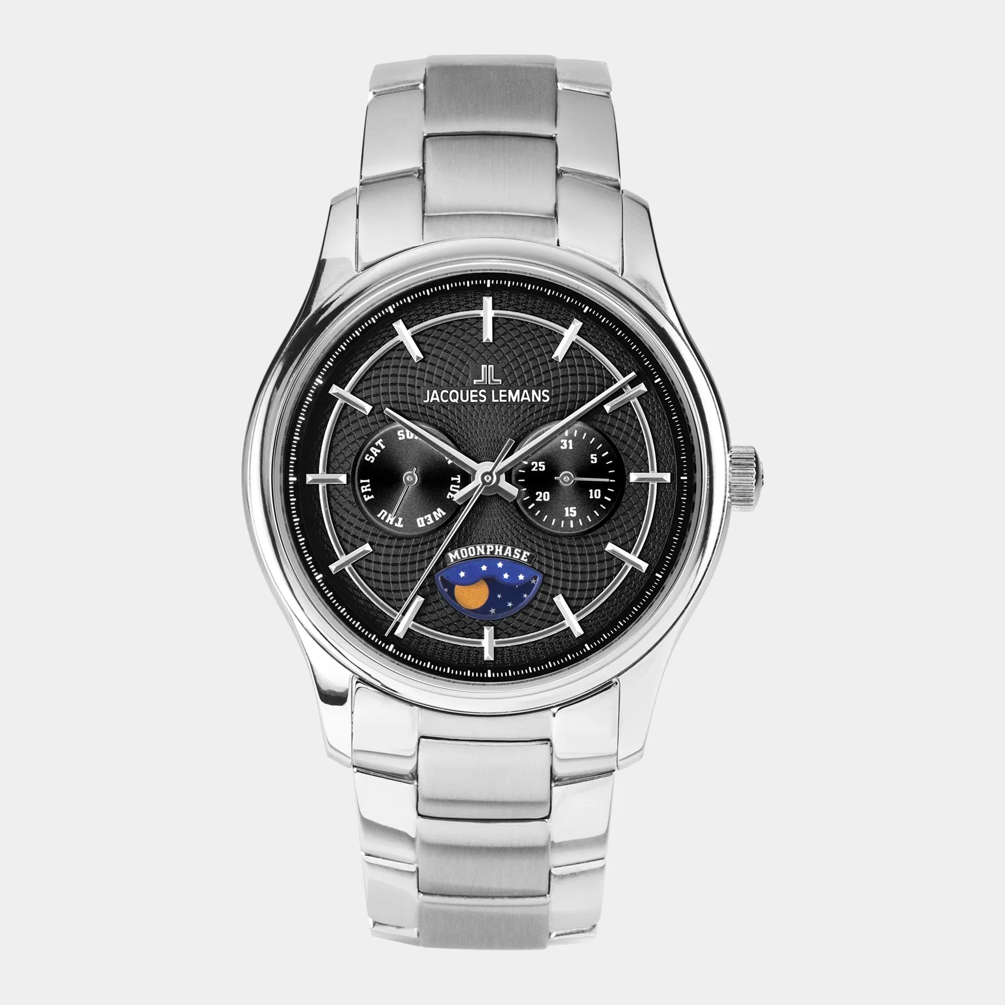 Frontale Ansicht der Jacques Lemans 1-2213I Herrenuhr aus der Derby-Kollektion mit schwarzem Zifferblatt am Edelstahl-Armband