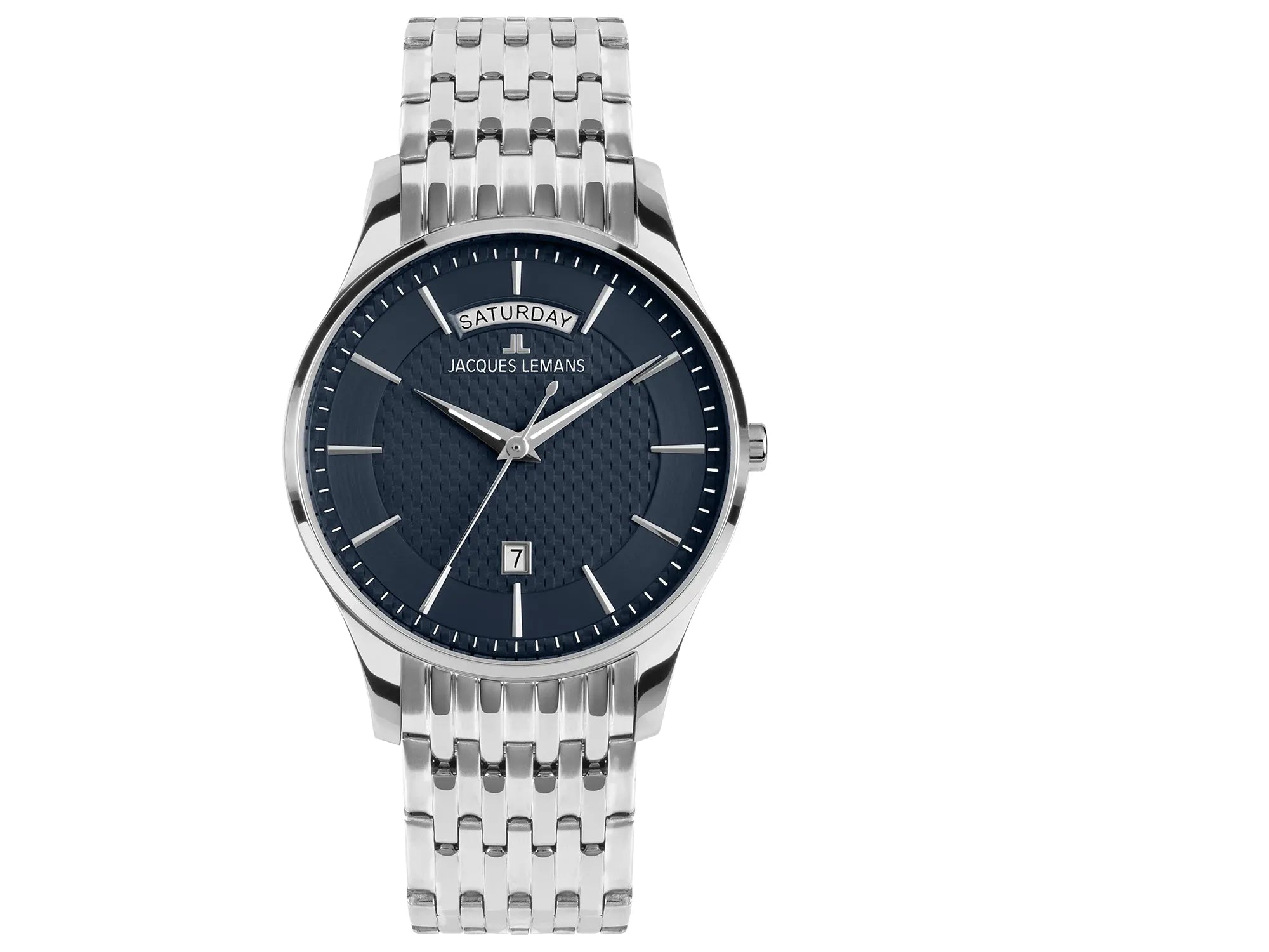 Frontale Ansicht der Jacques Lemans 1-2193H Herrenuhr aus der London-Kollektion mit blauem Zifferblatt am feingliedrigen Edelstahl-Armband