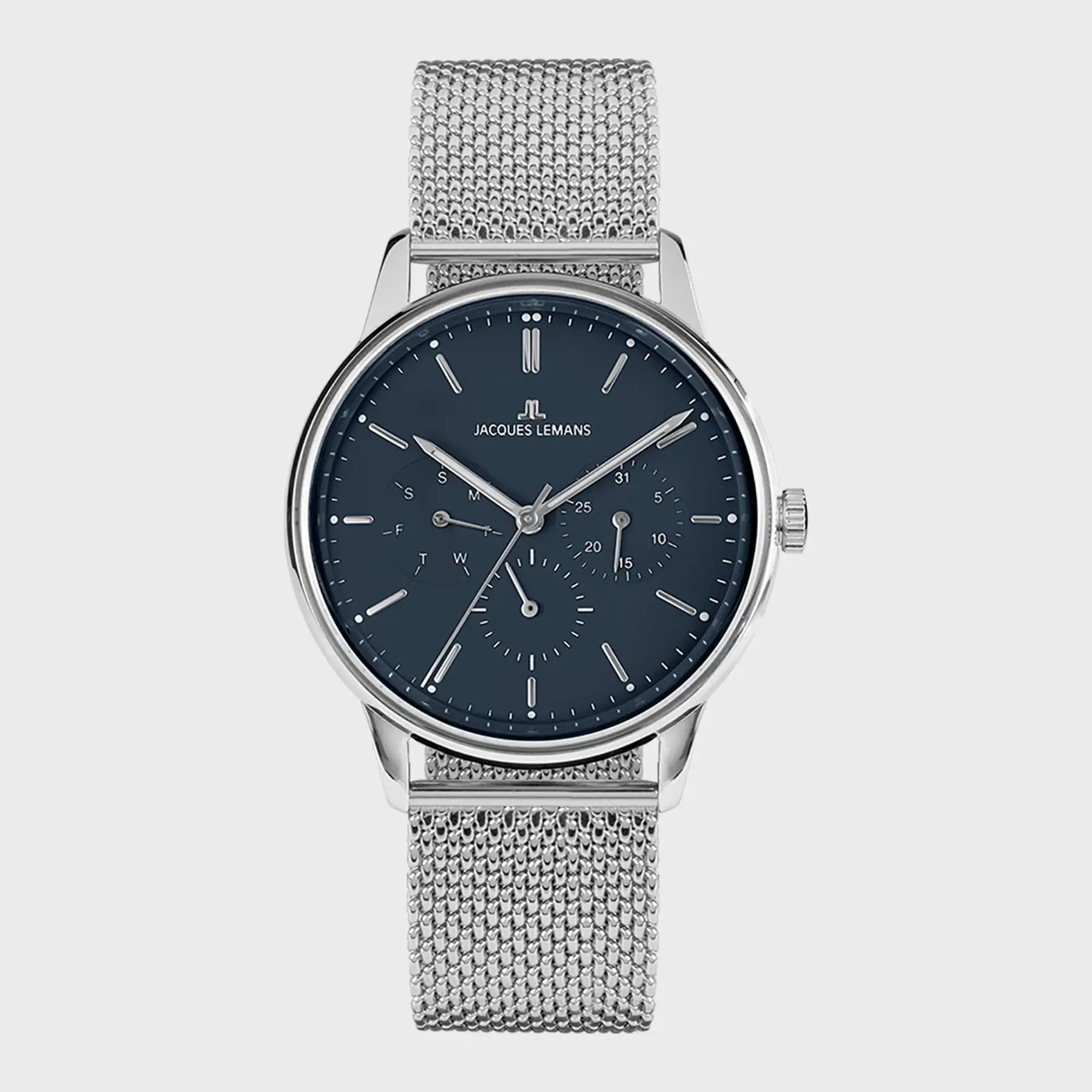 Frontale Ansicht der Jacques Lemans Uhr "Manchester" mit einem dunkelblauen Zifferblatt mit Kalenderanzeigen an einem Edelstahl-Mesh-Armband