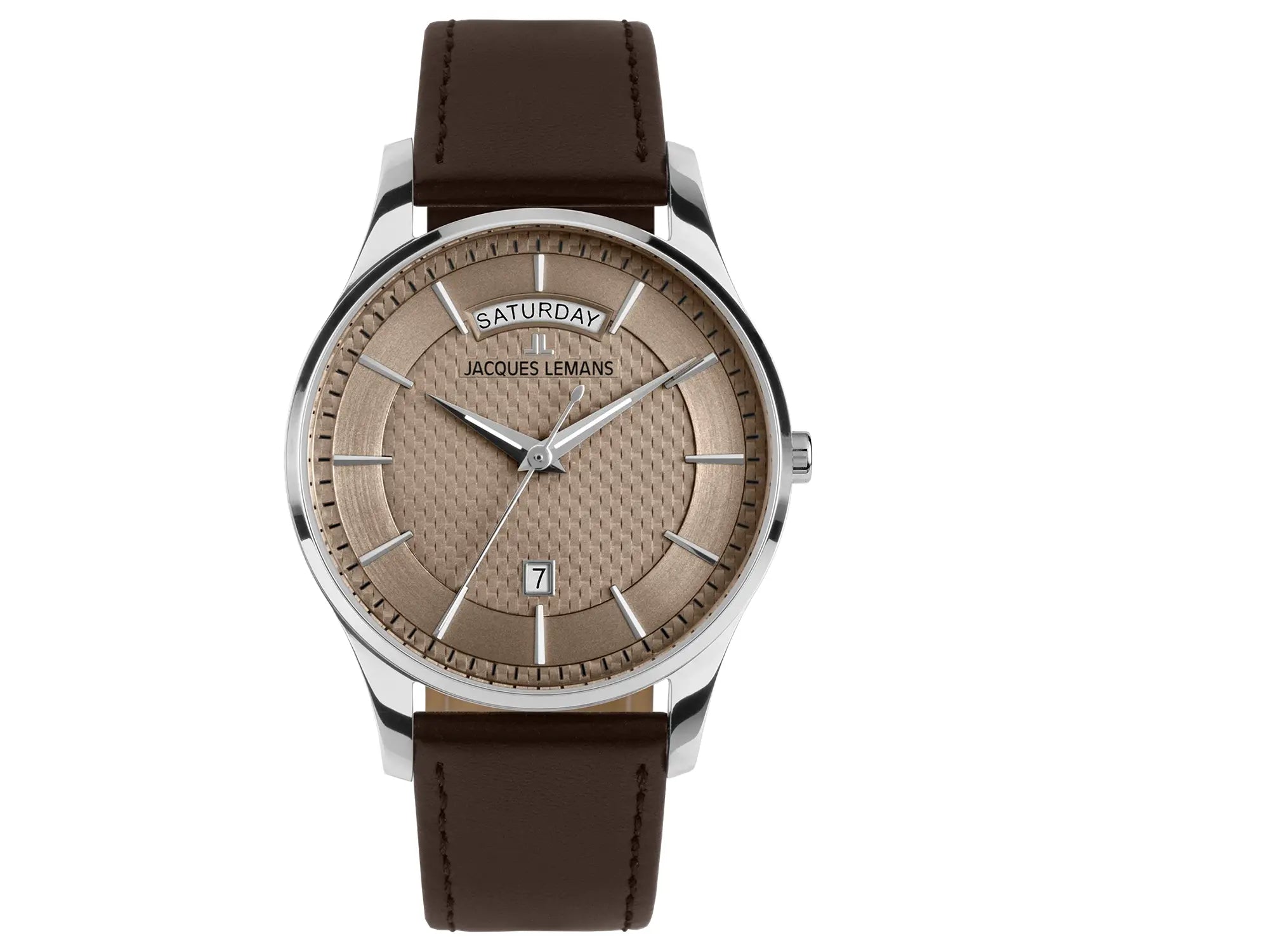 Frontale Ansicht der Jacques Lemans 1-2193K Derby Armbanduhr mit Tages und Datumsanzeige, welche farblich abgestimmt ist durch ein bronzefarbenes Zifferblatt und ein braunes Lederband
