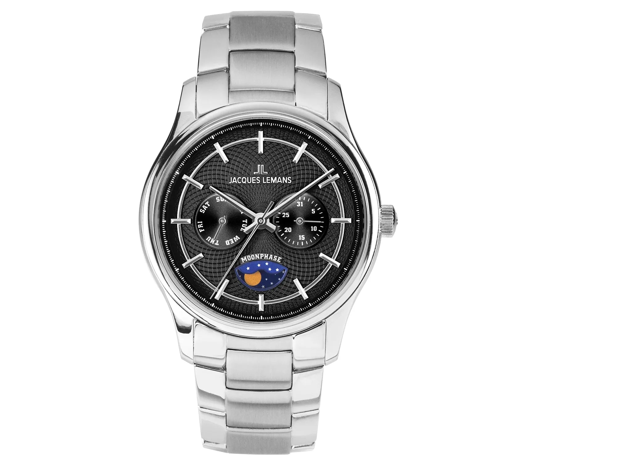 Frontale Ansicht der Jacques Lemans 1-2213I Herrenuhr aus der Derby-Kollektion mit schwarzem Zifferblatt am Edelstahl-Armband
