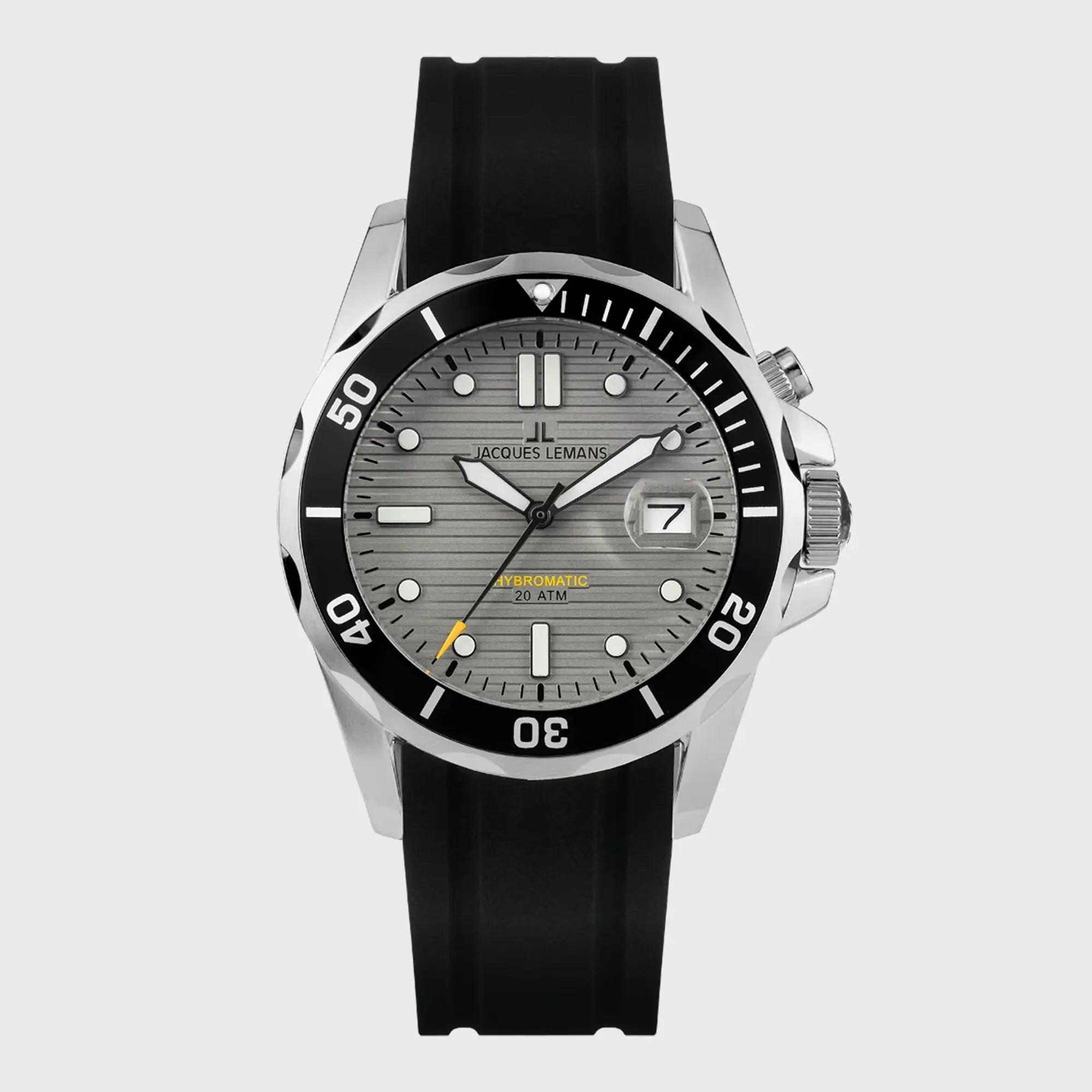 Frontale Ansicht der Jacques Lemans Uhr "Hybromatic" mit grauem Zifferblatt und schwarzen Kautschuk-Band