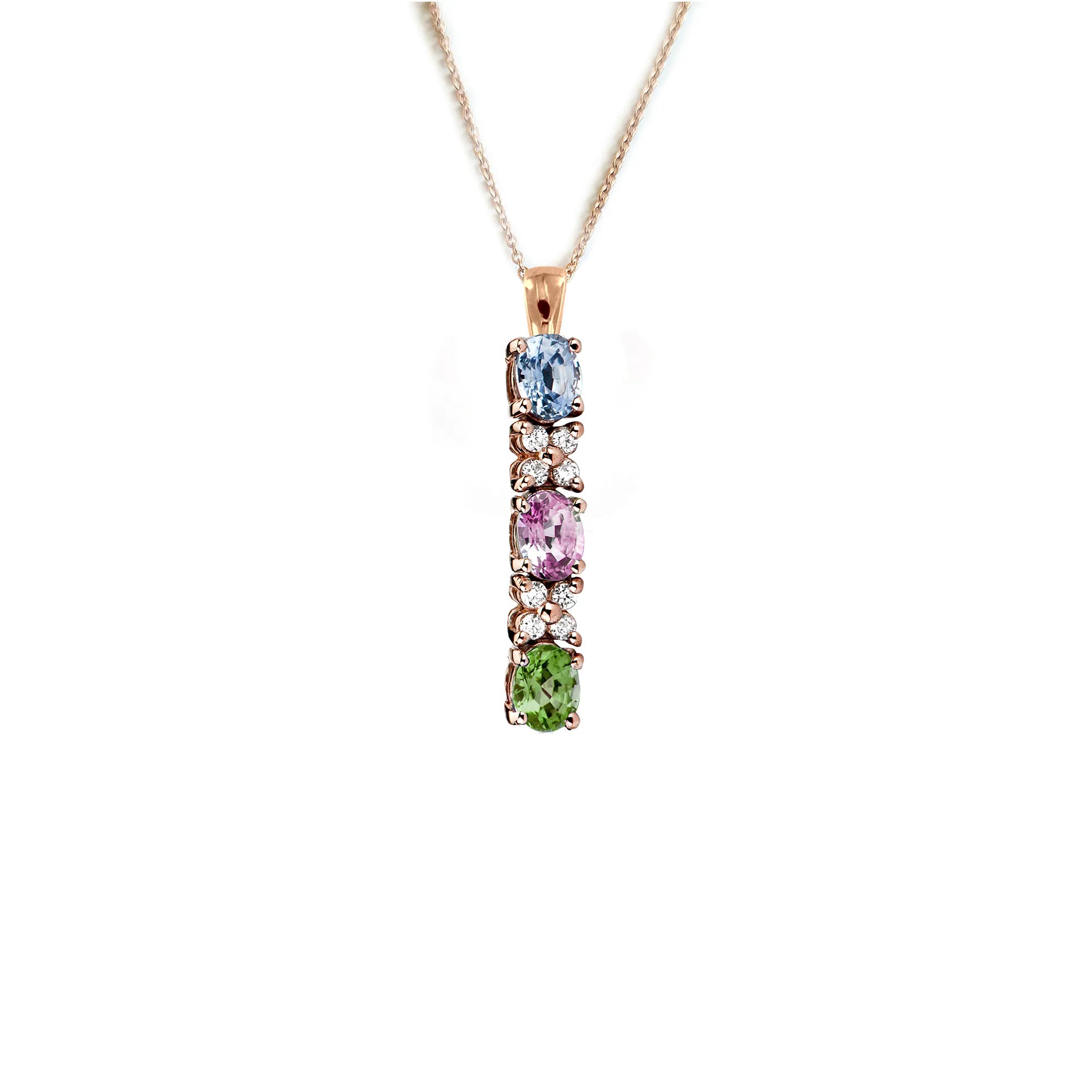 Rosegold-Collier CDZM-31R von Lunatica Roma mit drei multicolor Saphiren und dazwischen platzierten Diamant-Blüten 