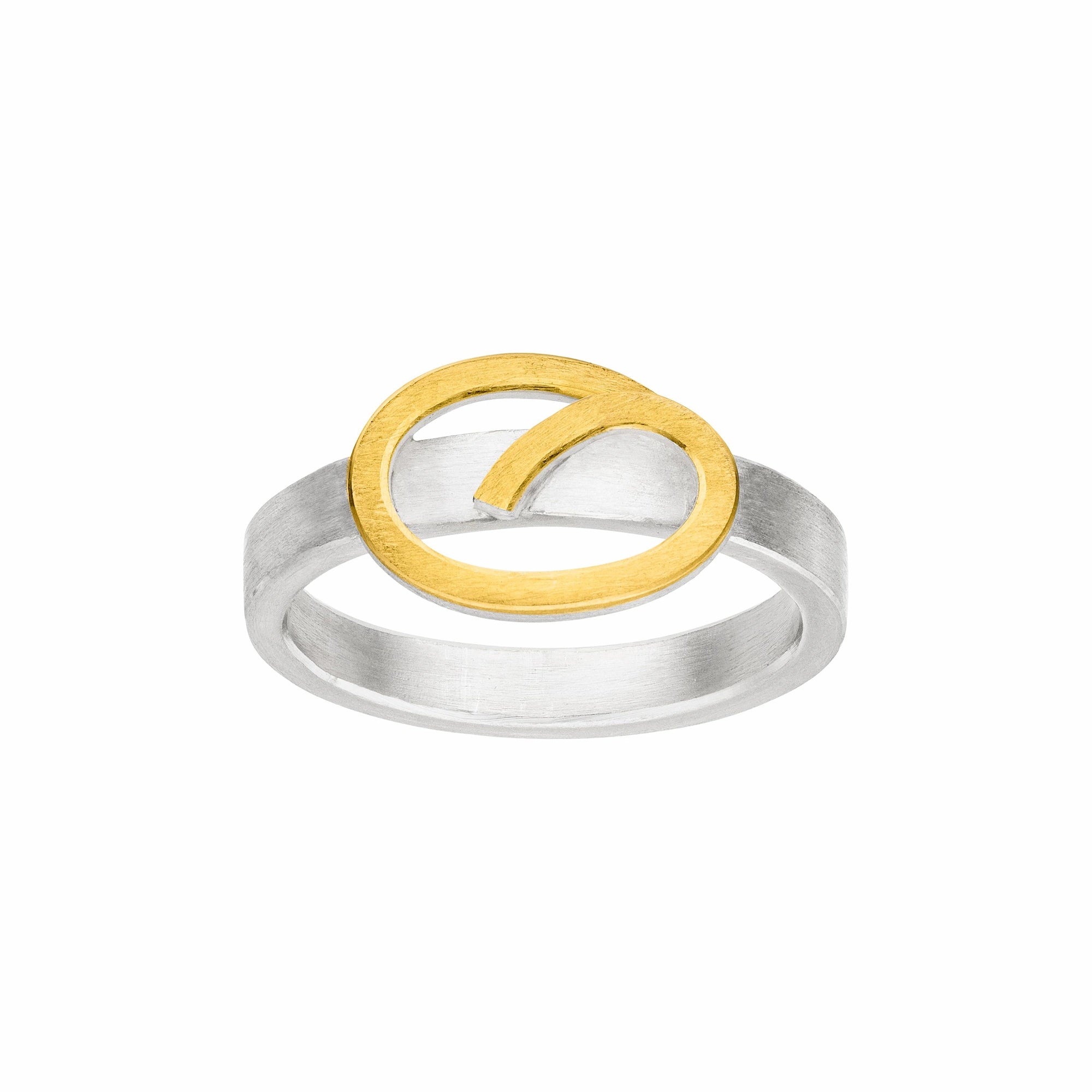 Silberner Ring mit zentralem verschnörkelten Element als Eye-Catcher, welcher mit einer Goldauflage verziert wurde