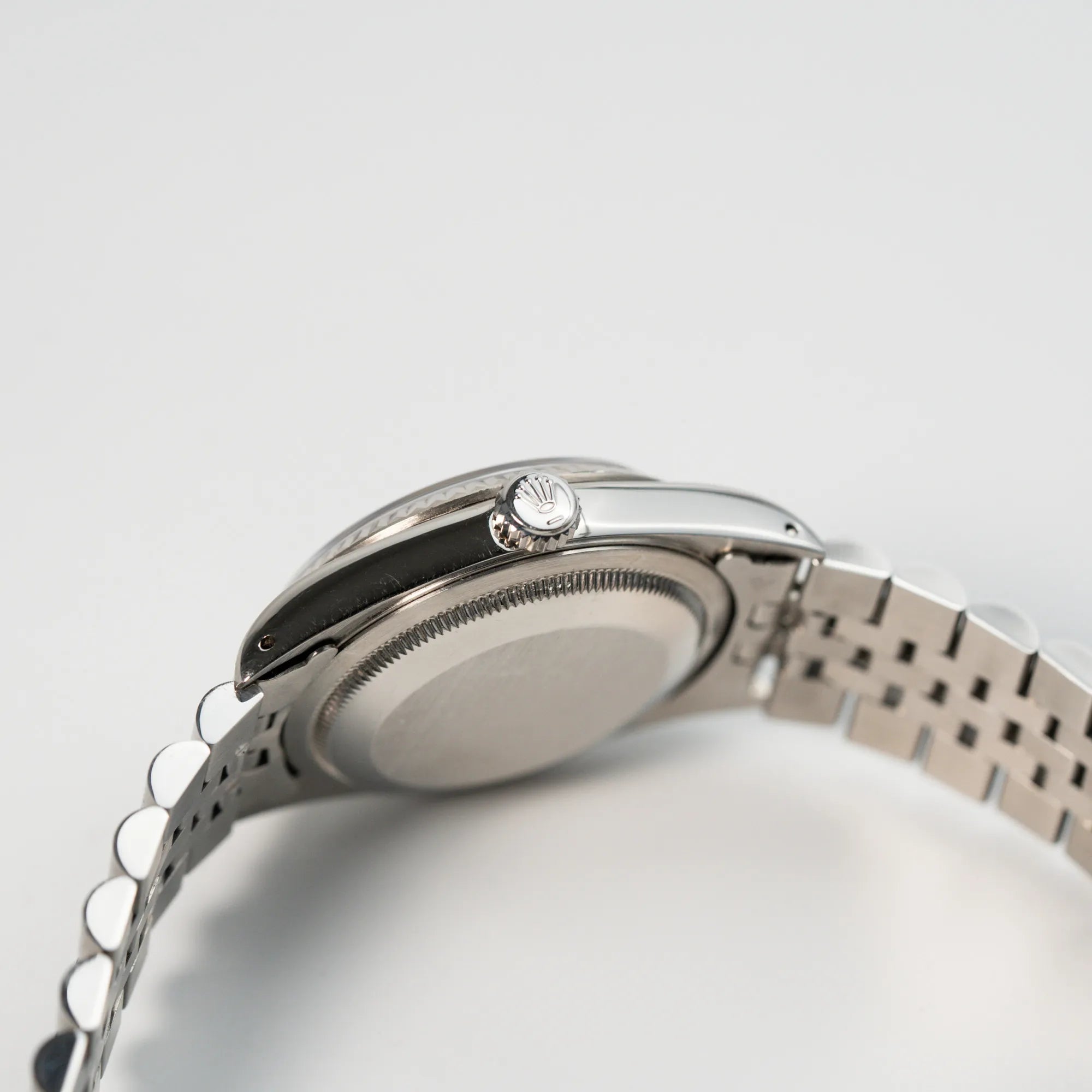 Seitliches Gehäuse mit Krone der Rolex Datejust 36 mit einem sehr seltenen Degradé Diamant Zifferblatt