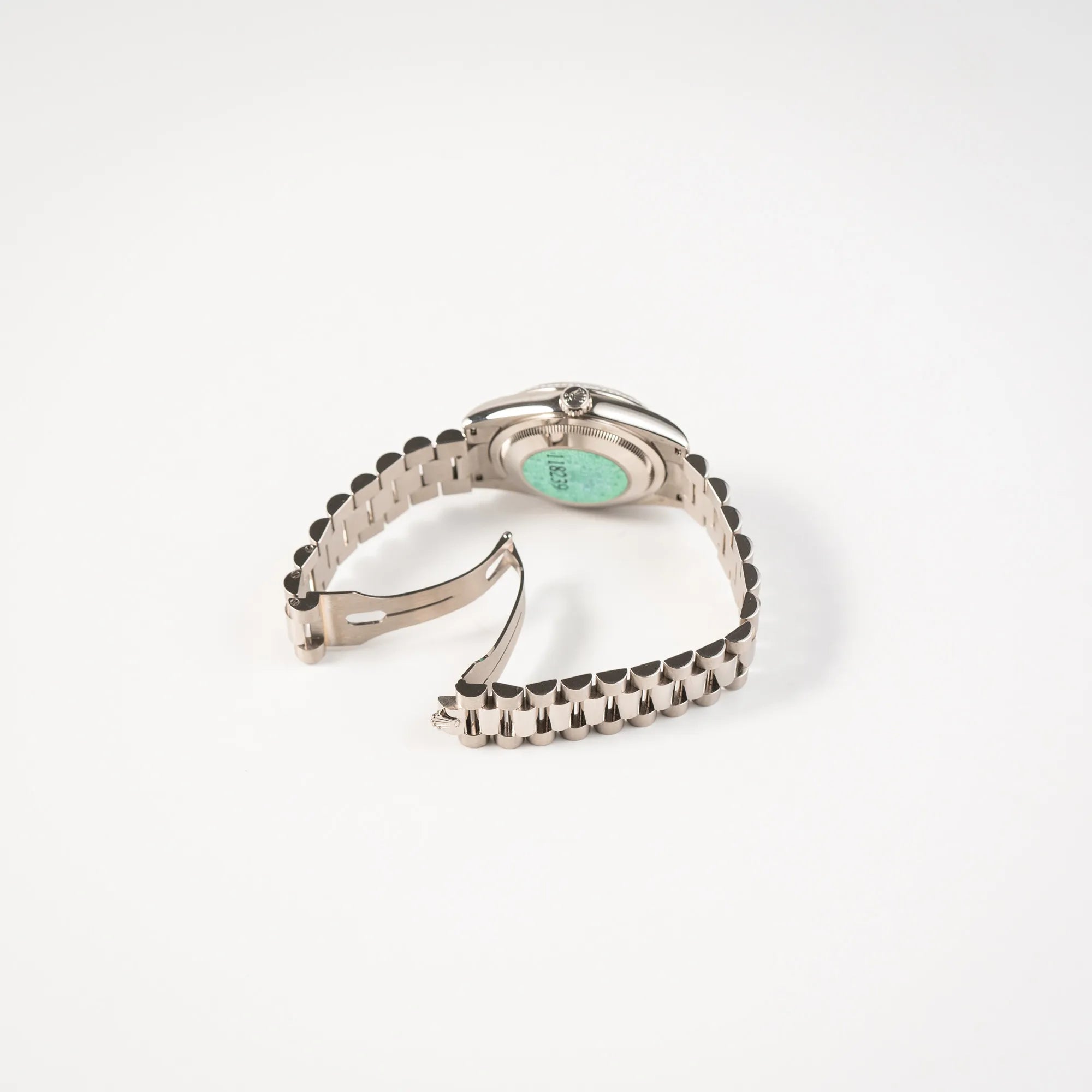 Geöffnete Faltschliesse der Rolex Day-Date 36 der Referenz 118239 in 750er Weißgold gefertigt mit dem klassischen President-Armband