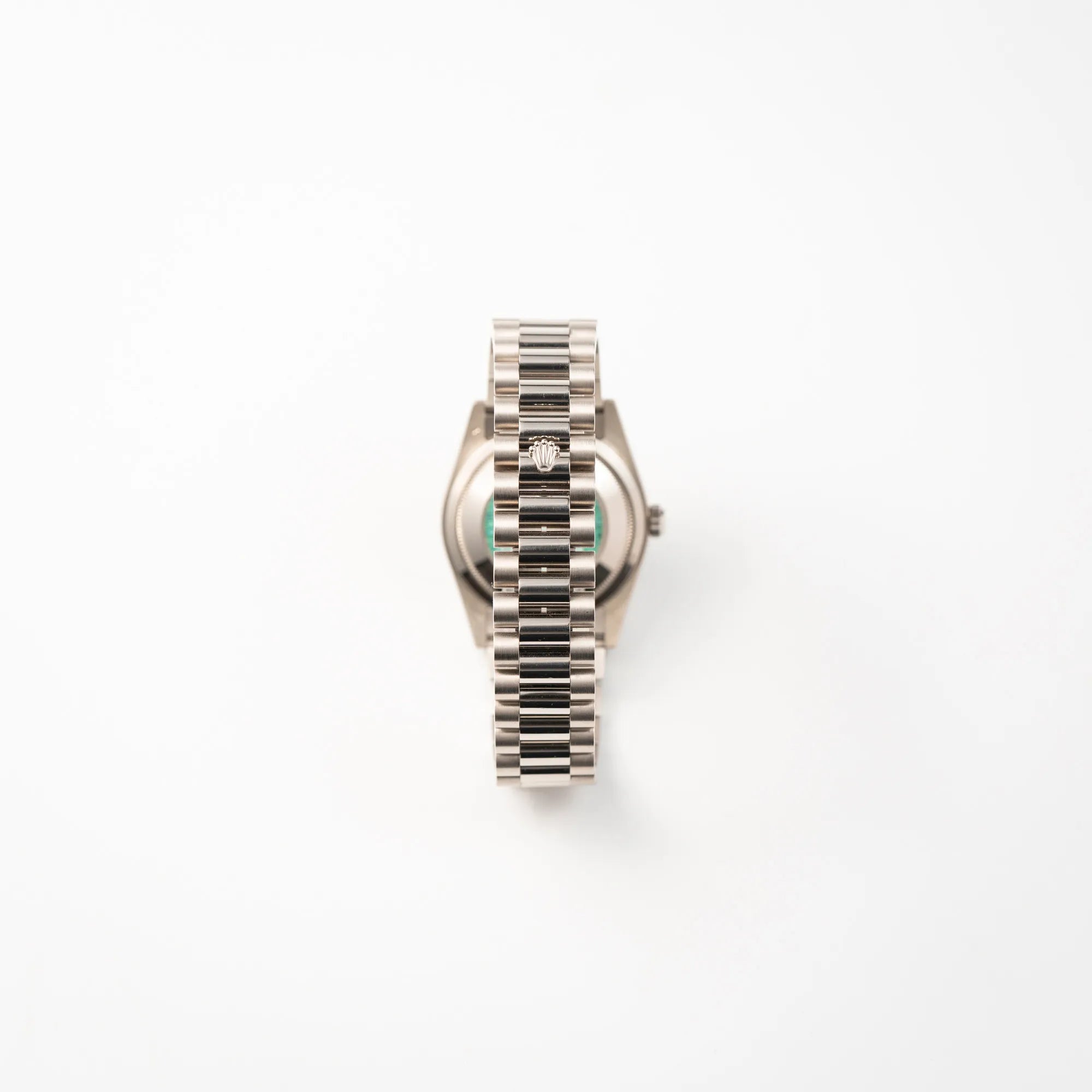 Blick auf das President-Armband der Rolex Day-Date 36 der Referenz 118239 in 750er Weißgold gefertigt 