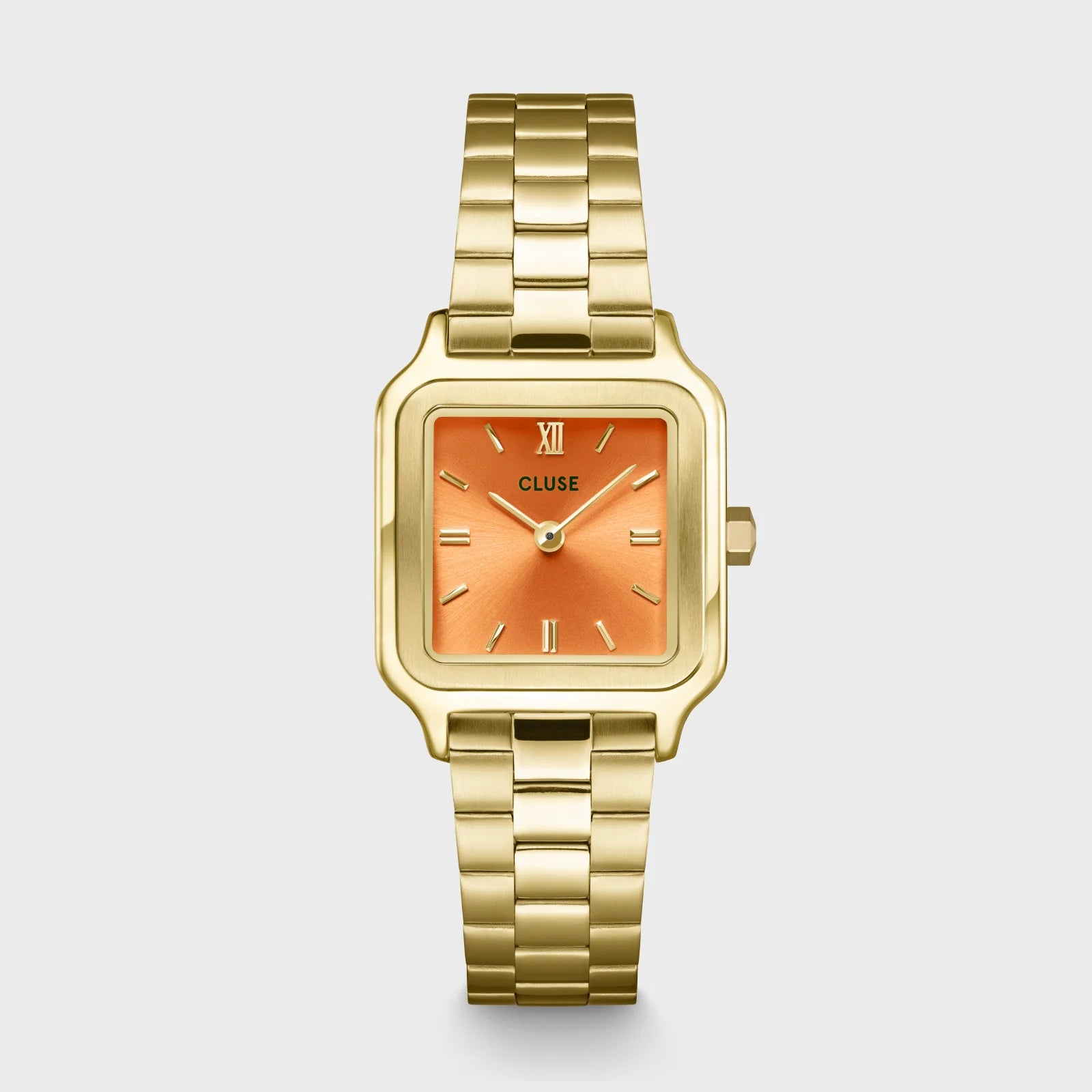 Frontale Ansicht der Cluse Stahl-Uhr "Gracieuse Petite" mit einem gelbgold-farbenem Gehäuse und orangem Zifferblatt