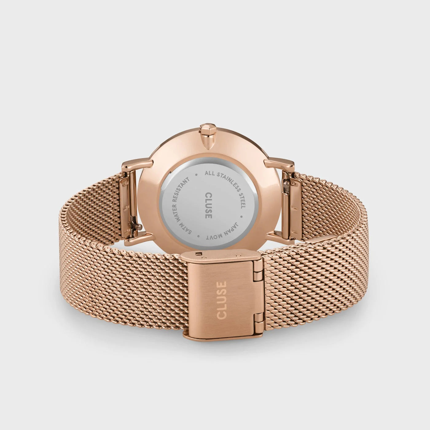 Gehäuseboden und Mesh-Armband der Cluse Stahl-Uhr "Minuit Mesh" in roségoldener Farbe mit einem silbernen Diamant-Zifferblatt
