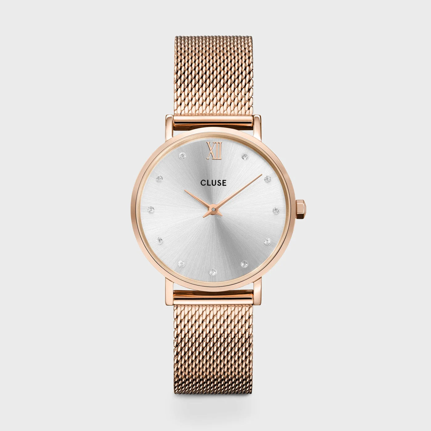 Frontale Ansicht der Cluse Stahl-Uhr "Minuit Mesh" in roségoldener Farbe mit einem silbernen Diamant-Zifferblatt