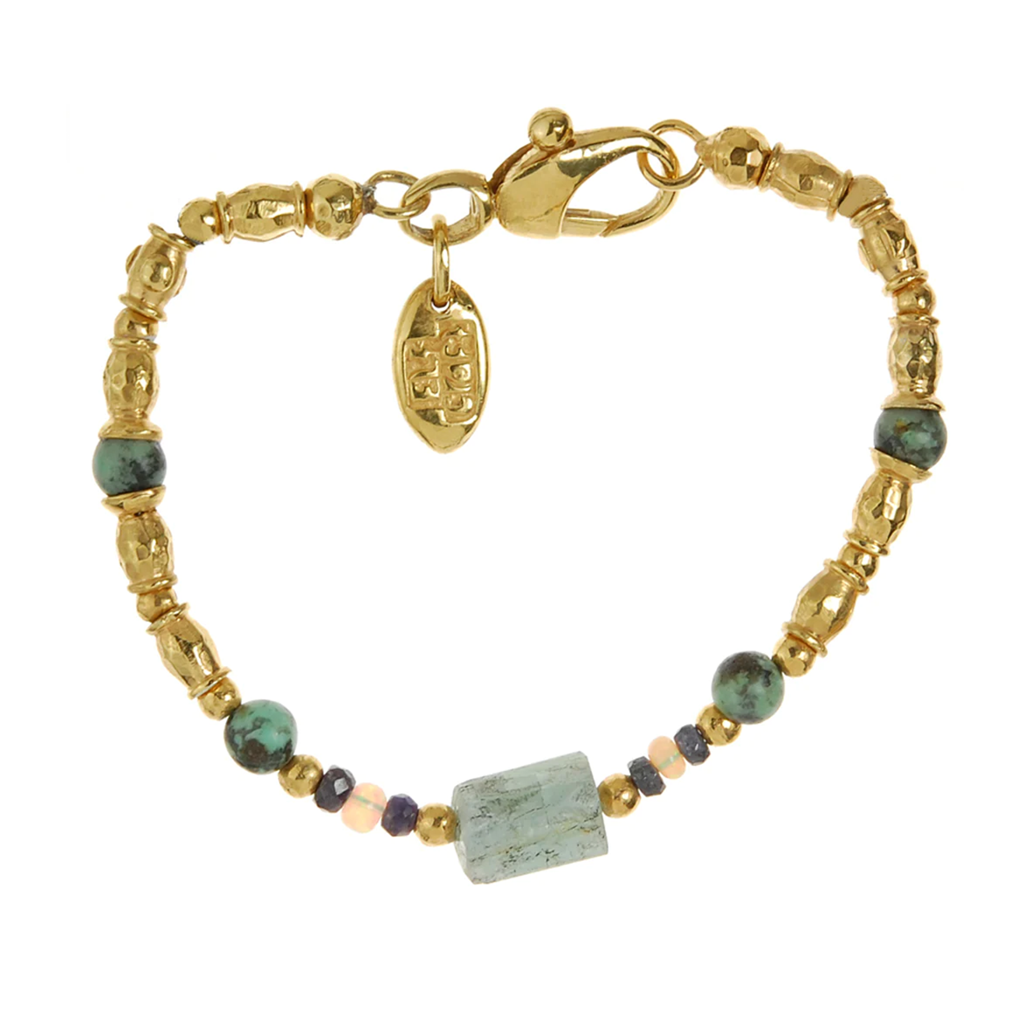 Vergoldetes Armband mit facettierten Designelementen, sowie Exquisite Peridot, Aquamarin, Opal, und Afrikanischem Türkis