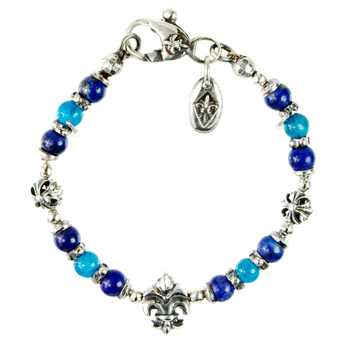 Elf Craft Armband mit verschieden blauen, runden Edelsteinperlen, sowie silbernen Zierelementen: Mittelstück im Lilien-Design, Malteser, Kreuzkugel