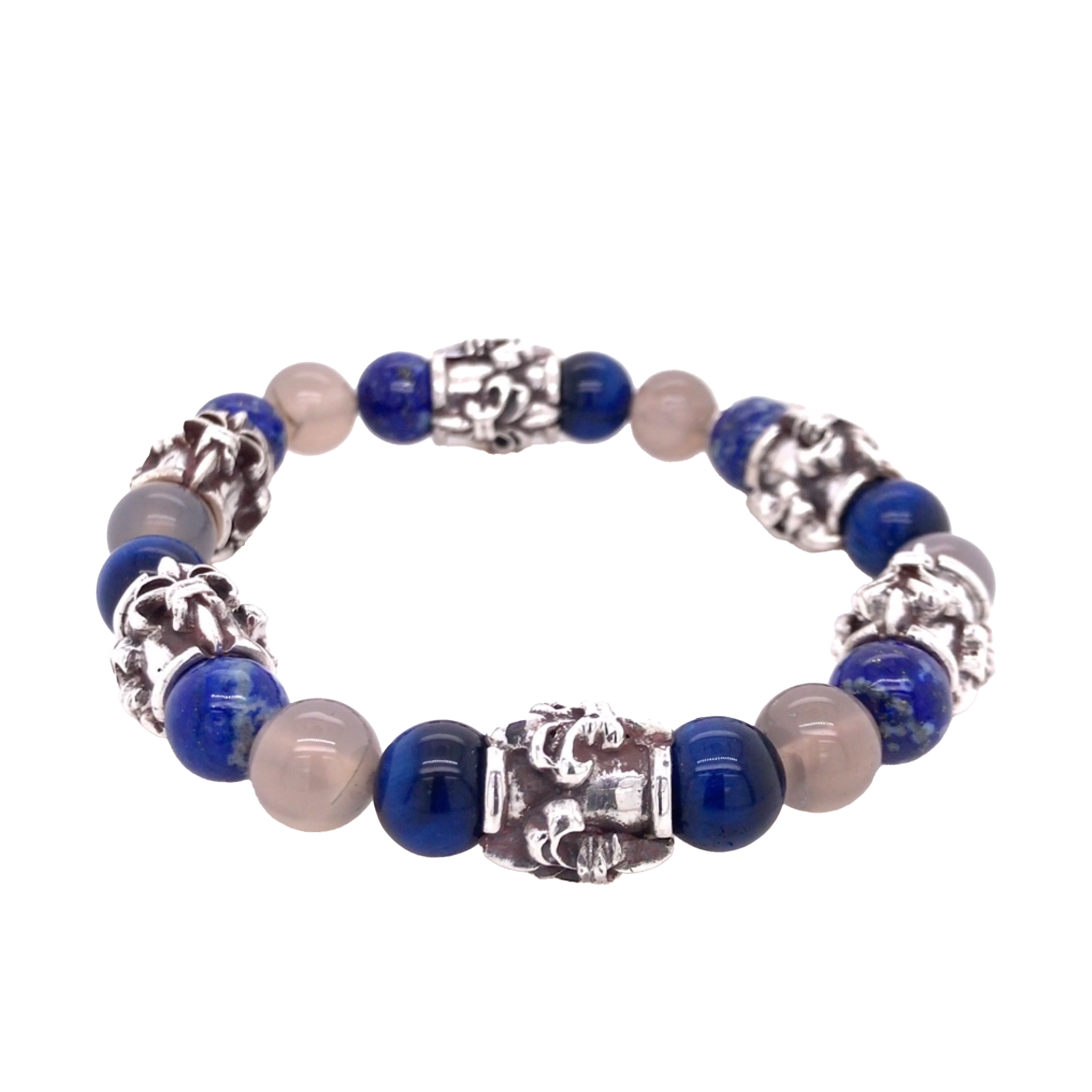 Elf Craft Armband aus Silberhülsen im Lilien-Design und mit runden blauen Lapis und weißen Edelsteinkugeln