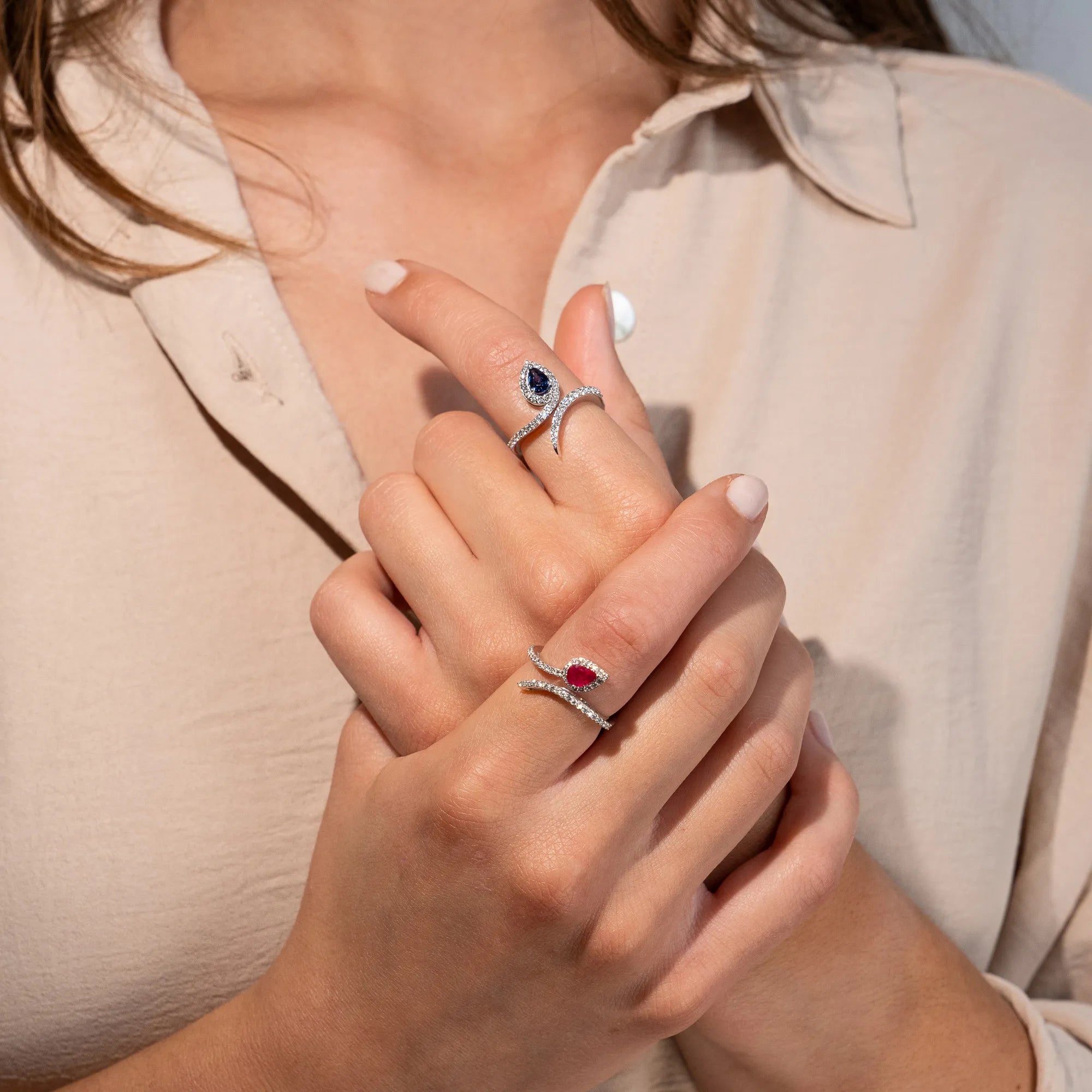 Ring with ruby drops and diamonds | 18ct white gold