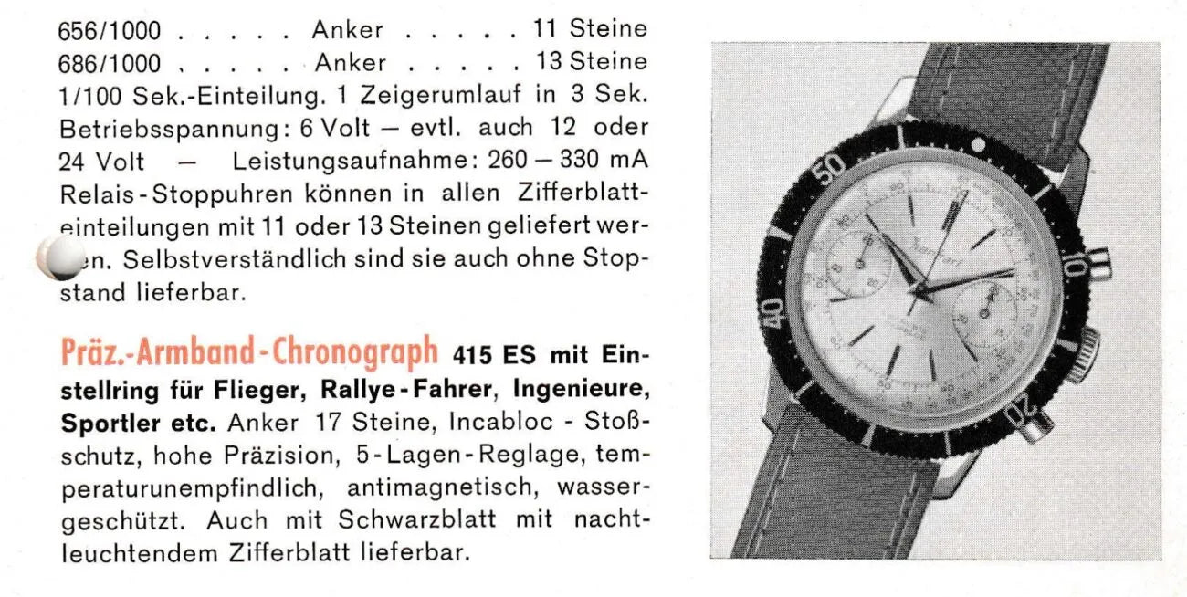 Alte Zeitungswerbung für den Hanhart 415 ES Chronograp mit dem damaligen Gegenstück zum Panda-Zifferblatt in Weiß mit schwarzen Sub-Dials am Lederband