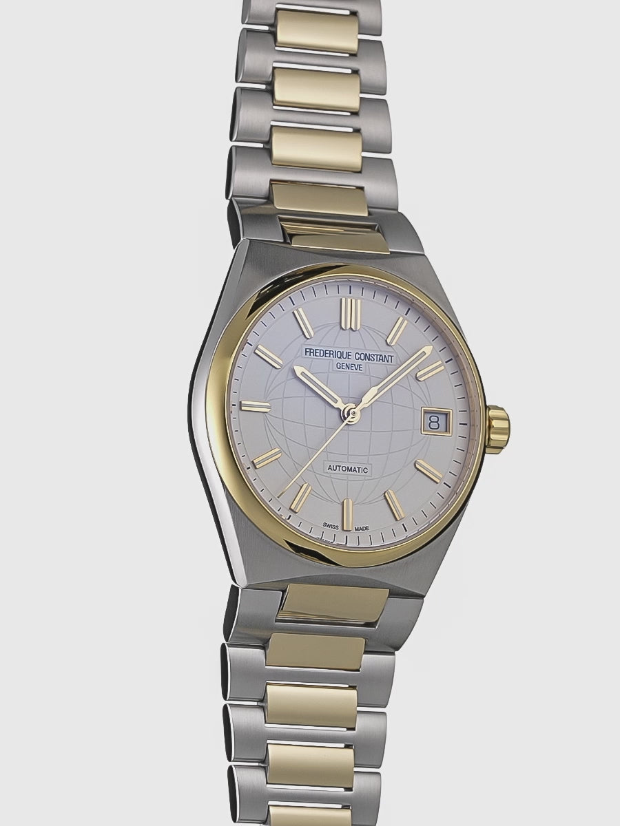 Produktvideo der Frederique Constant Uhr "Highlife Ladies Automatic" mit einem weißen Zifferblatt und Stahl-Gold-Gehäuse