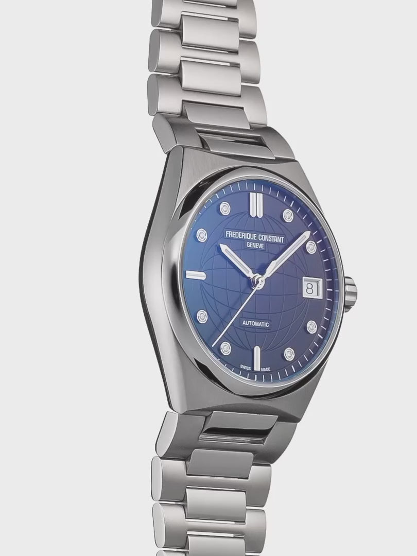 Produktvideo der Frederique Constant Uhr "Highlife Ladies Automatic" mit einem schwarzen Zifferblatt mit Diamant-Indizes und Edelstahl-Gehäuse