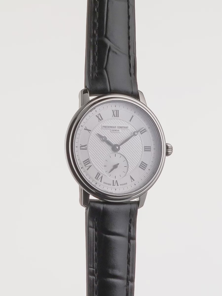 Produktvideo der der Damenuhr Classics Slimline Ladies Small Seconds von Frederique Constant mit einem silberfarbenen Zifferblatt und schwarzen Indizes, sowie einem schwarzen Lederband