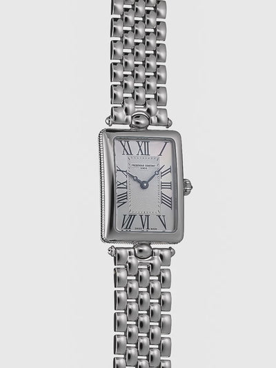 Produktvideo der Frederique Constant Art Deco Carre aus der Classics Kollektion mit einem rechteckigen Uhrengehäuse mit einem Zifferblatt in Perlmutt-Optik und schwarzen, römischen Ziffern, die sich um die eigene Achse dreht